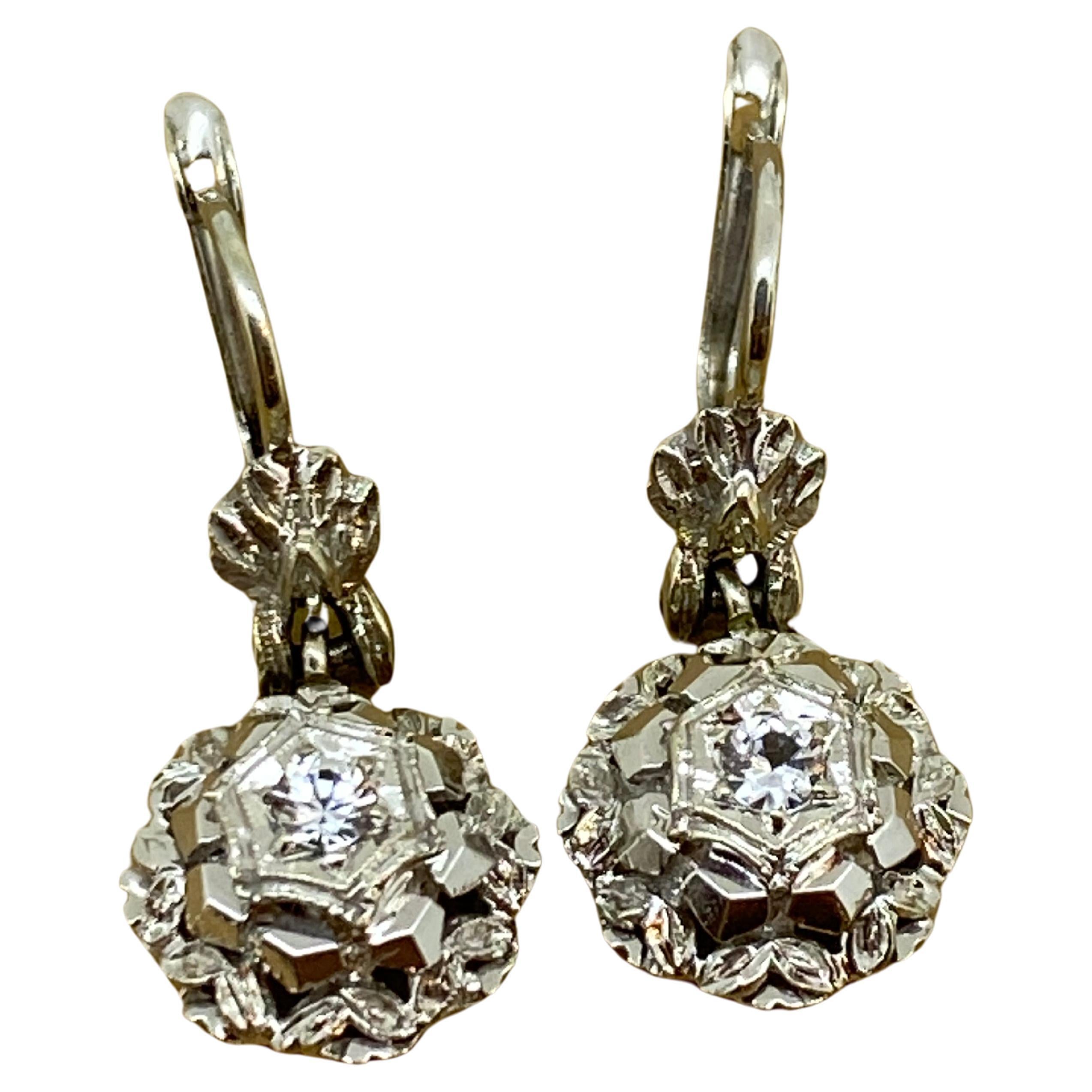 18K White Gold & 0.10ct Diamond Dangle Earrings, English Locks, 28mm long. For Sale
