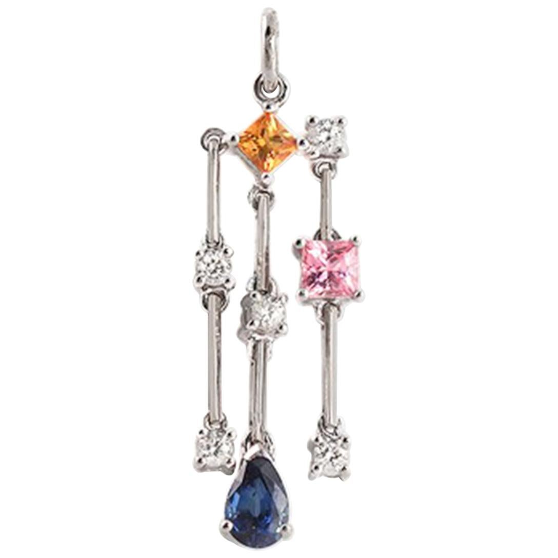 18k White Gold 0.21 Ct Diamonds & 1.25 Ct Set Multi Sapphire Pendant Charm