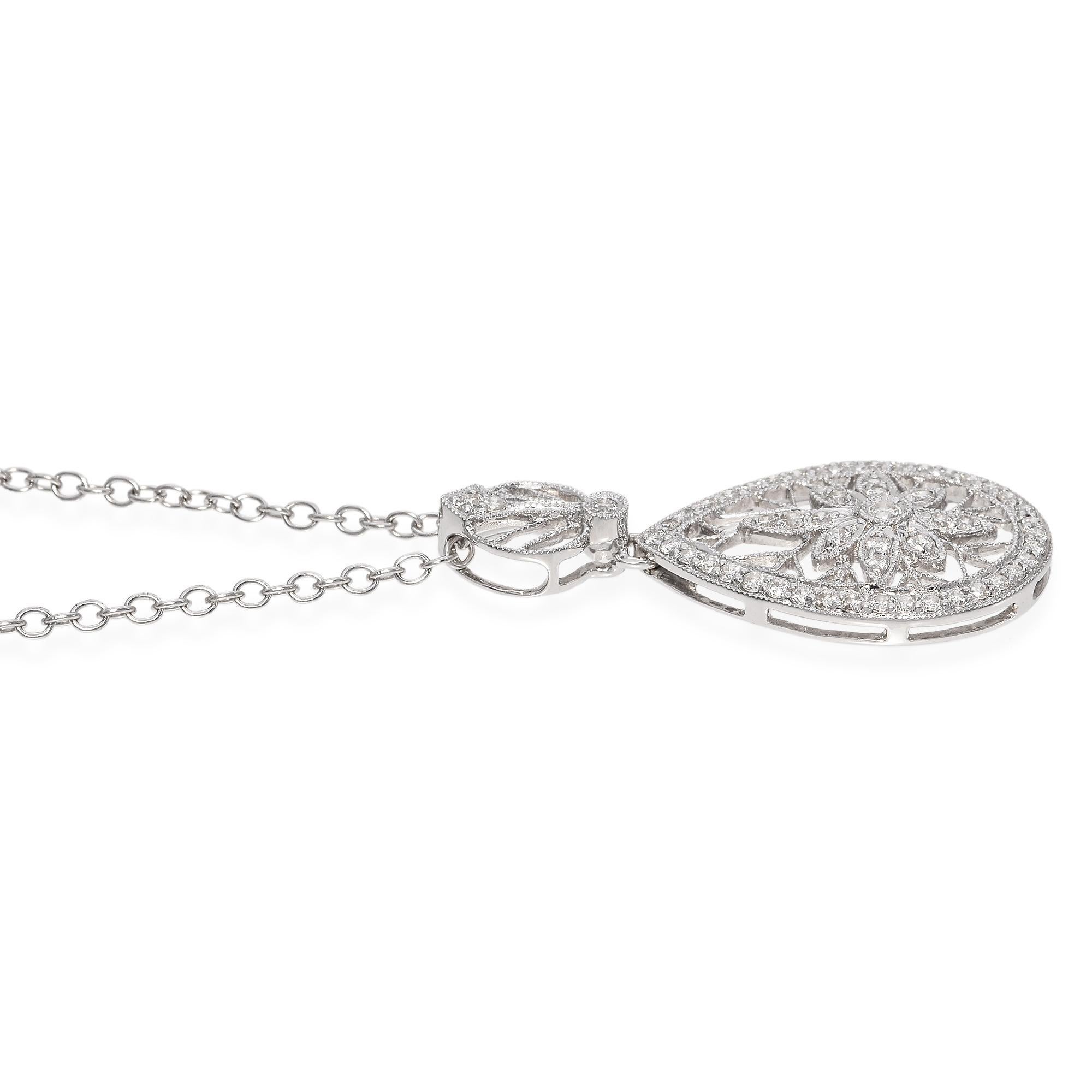 Round Cut 18K White Gold 0.22 TCW Diamond Filigree Pendant Necklace For Sale