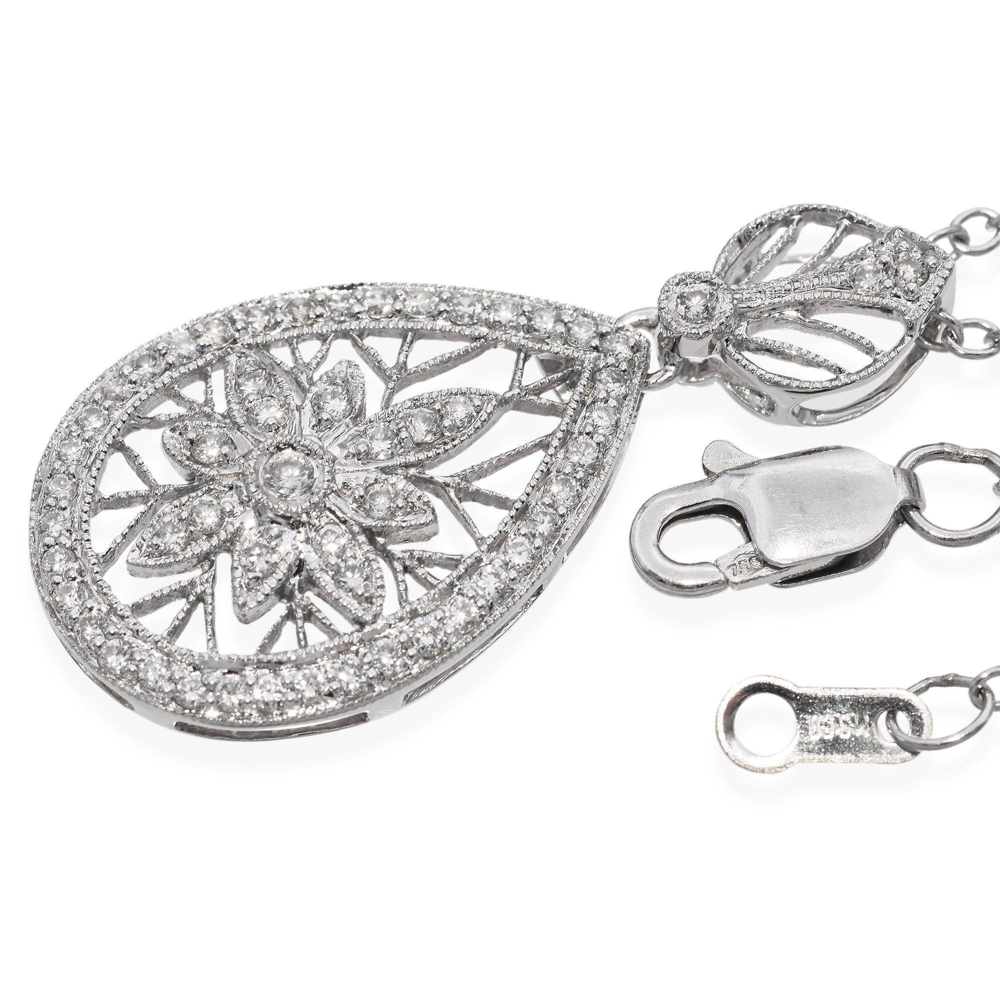 Women's 18K White Gold 0.22 TCW Diamond Filigree Pendant Necklace For Sale