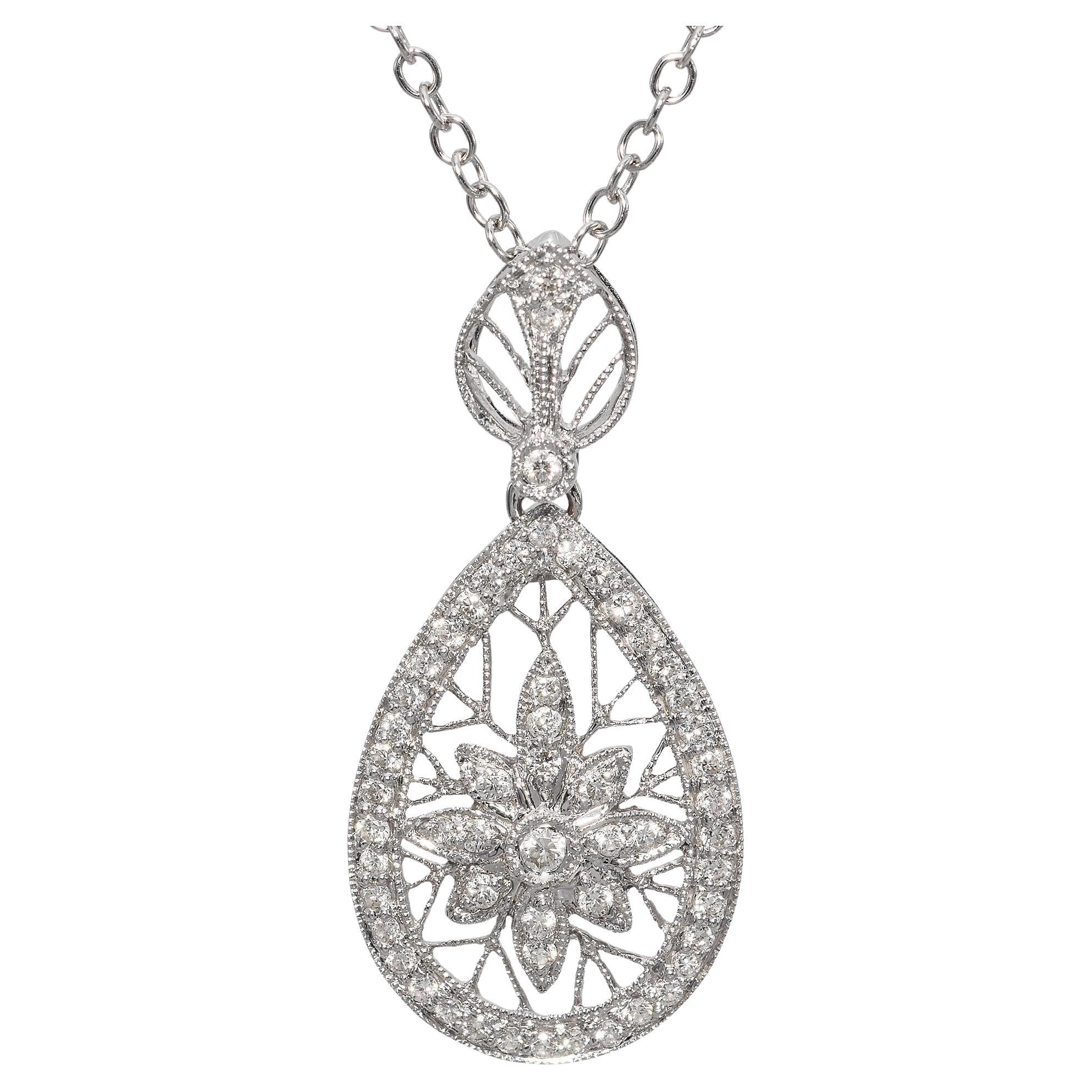 18K White Gold 0.22 TCW Diamond Filigree Pendant Necklace