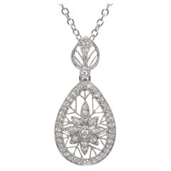 18K White Gold 0.22 TCW Diamond Filigree Pendant Necklace