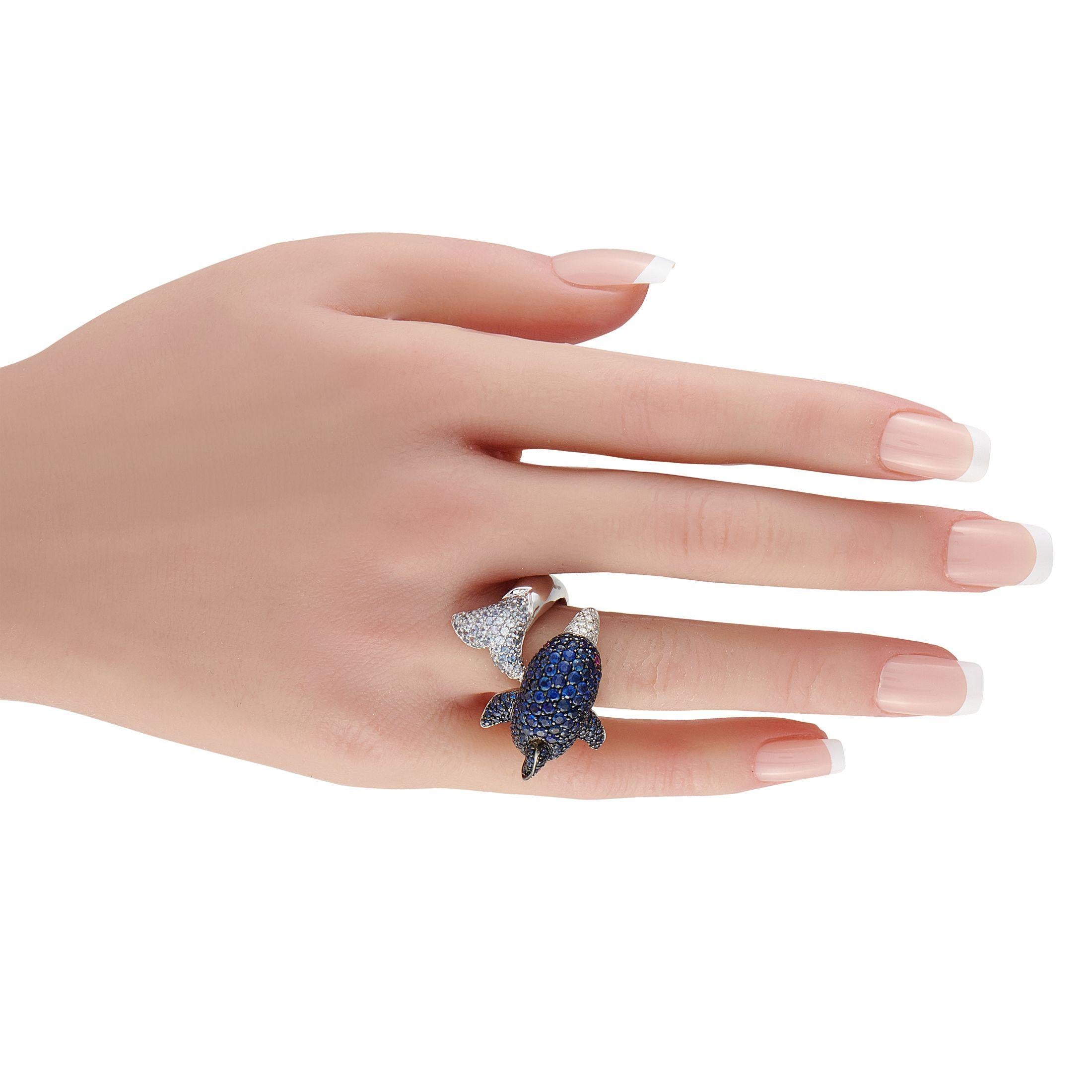18K Weißgold 0,22ct Diamant und Saphir Delphin Ring MF08-072325 (Rundschliff) im Angebot