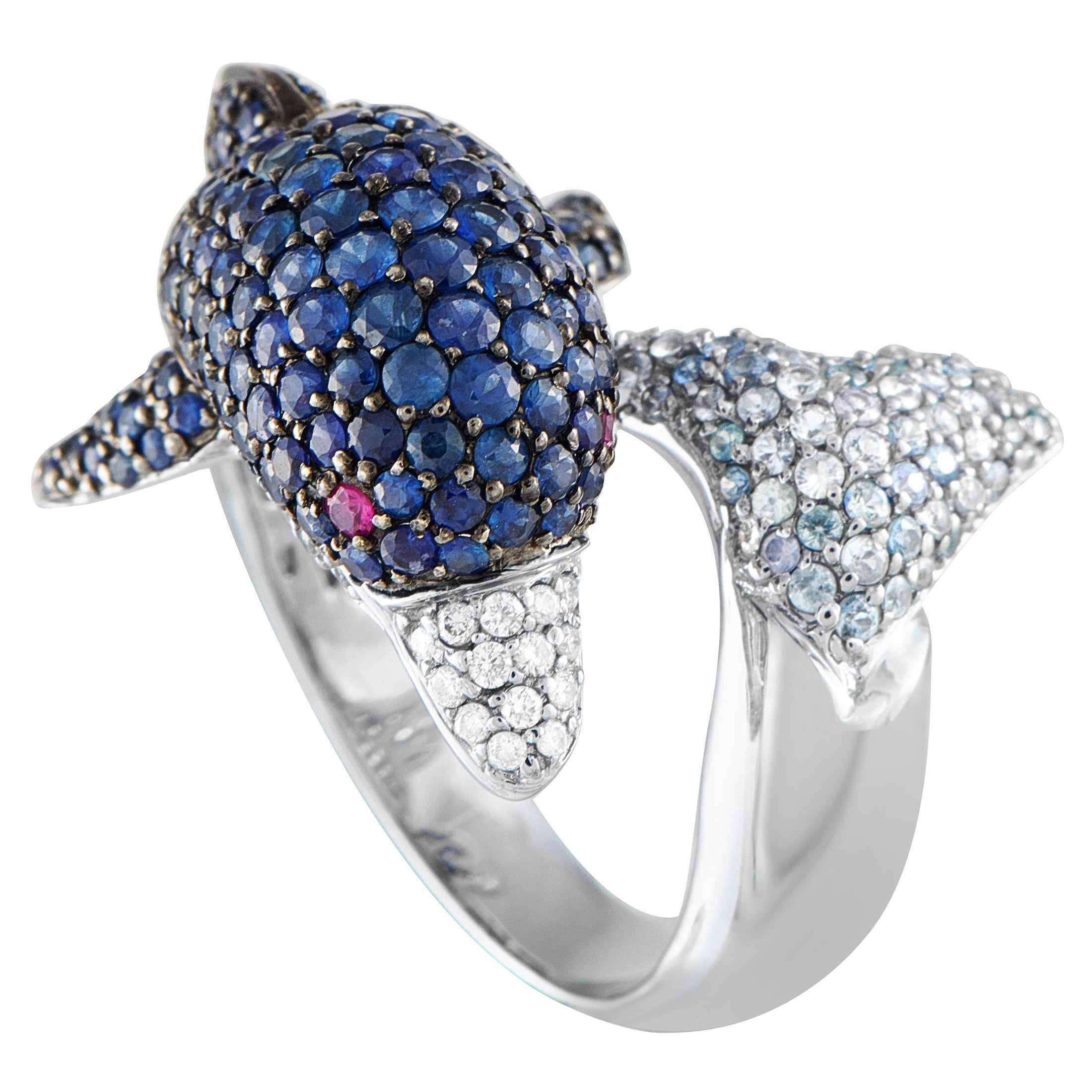 18K Weißgold 0,22ct Diamant und Saphir Delphin Ring MF08-072325 im Angebot