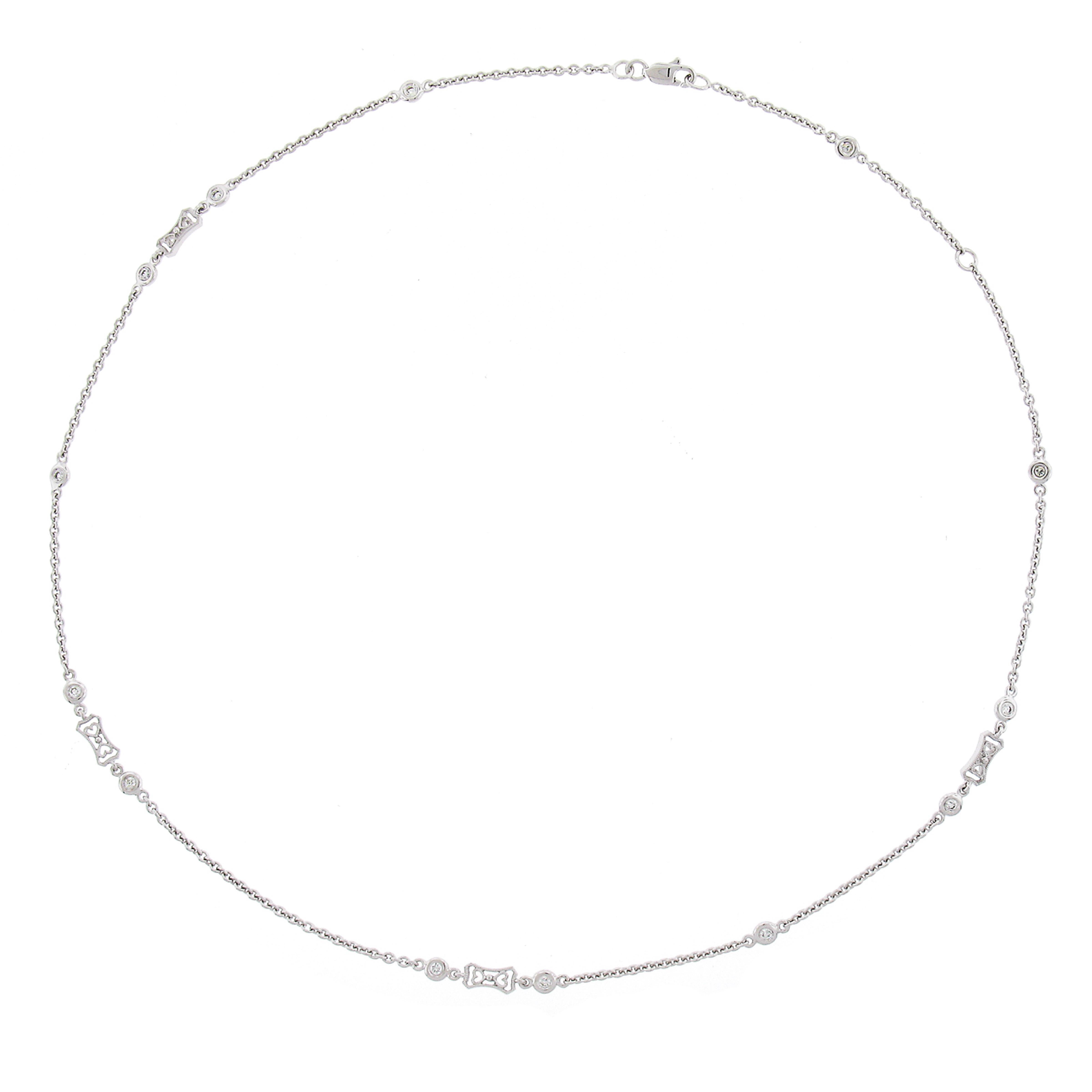 Round Cut 18k White Gold 0.26ctw Round Diamond Station Open Work Adjustable Chain Necklace For Sale