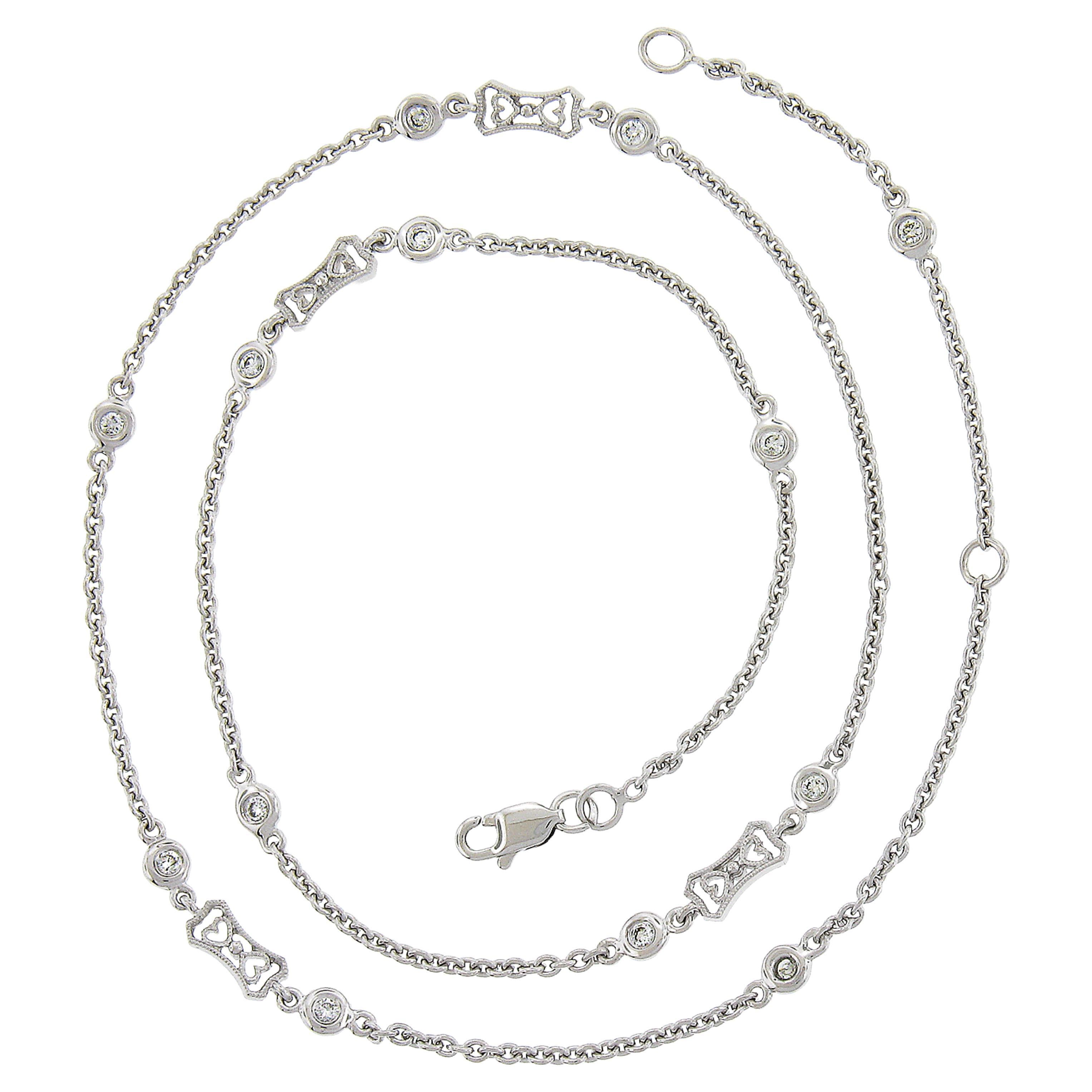 18k White Gold 0.26ctw Round Diamond Station Open Work Adjustable Chain Necklace For Sale