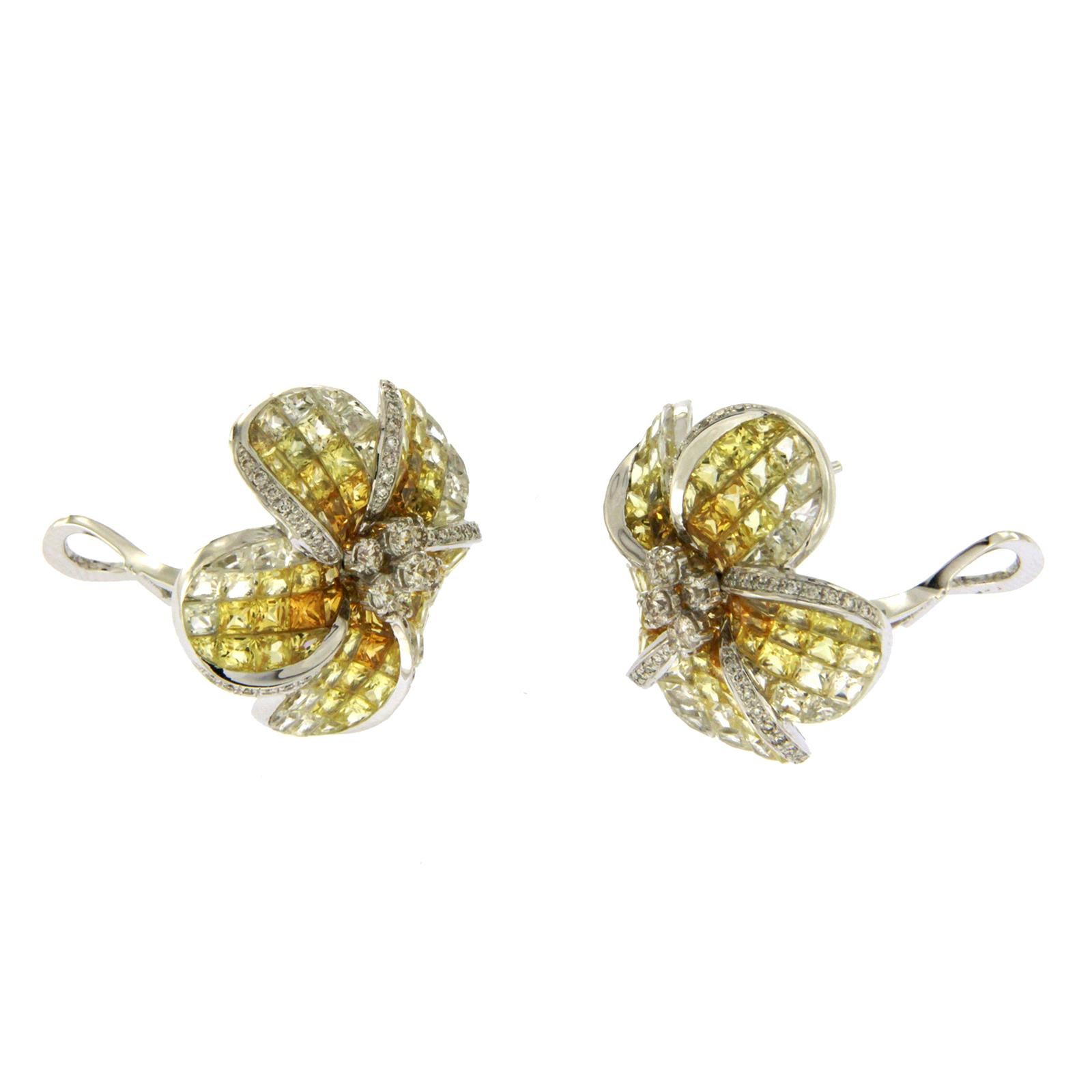 18k White Gold 0.38 Ct Diamonds & 14.13 Ct Yellow Sapphire Flower Earrings In New Condition For Sale In Los Angeles, CA