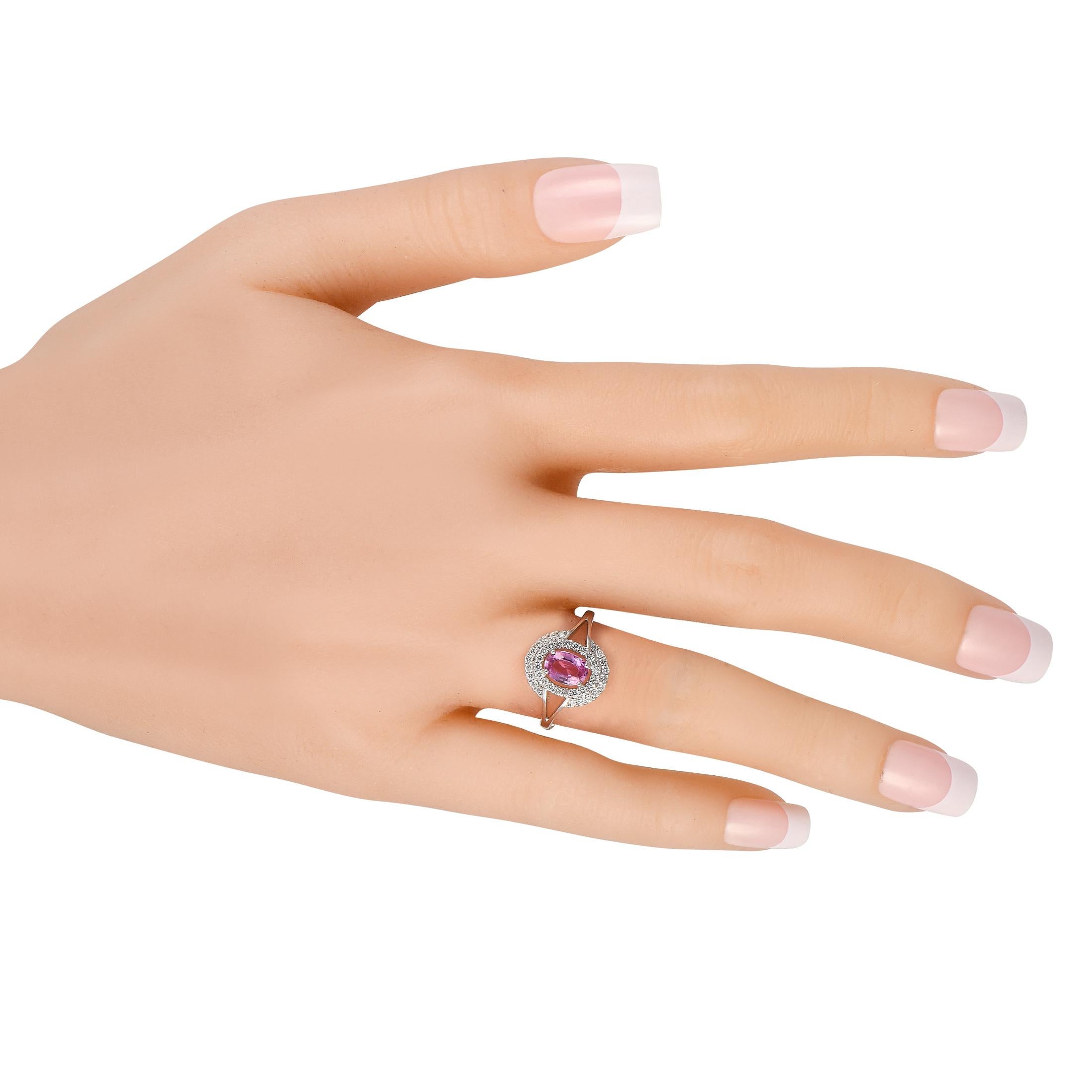 Round Cut 18K White Gold 0.40ct Diamond and Pink Sapphire Ring For Sale