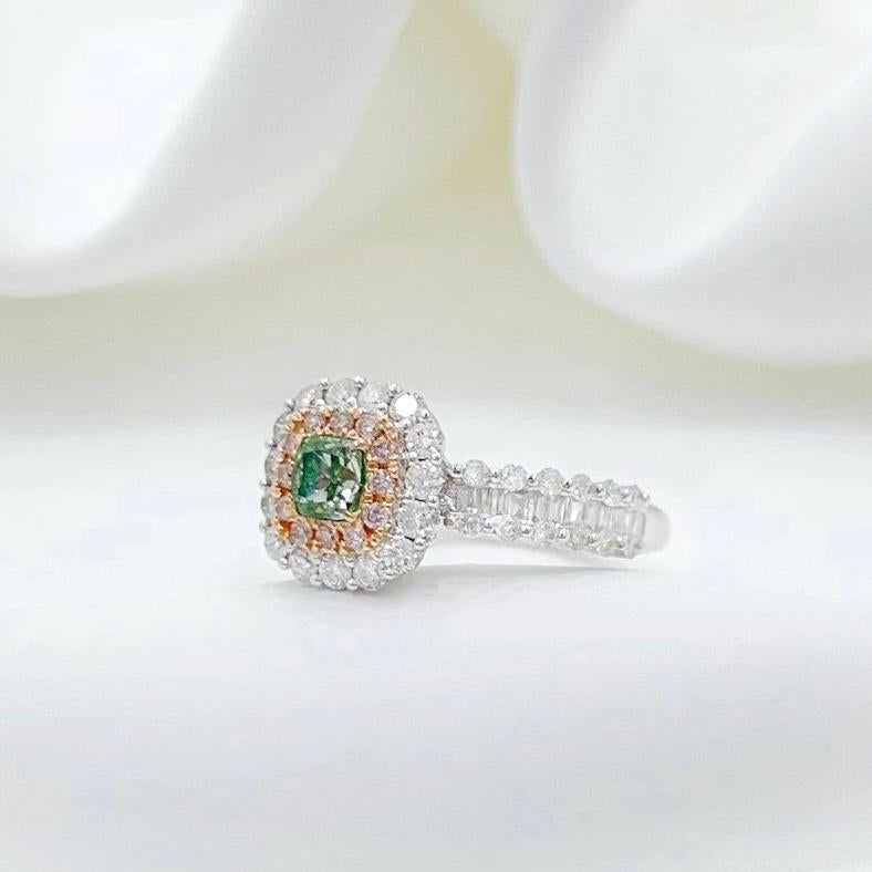 Cushion Cut 18K White Gold 0.40CT Fancy Green Diamond Ring with Diamonds For Sale