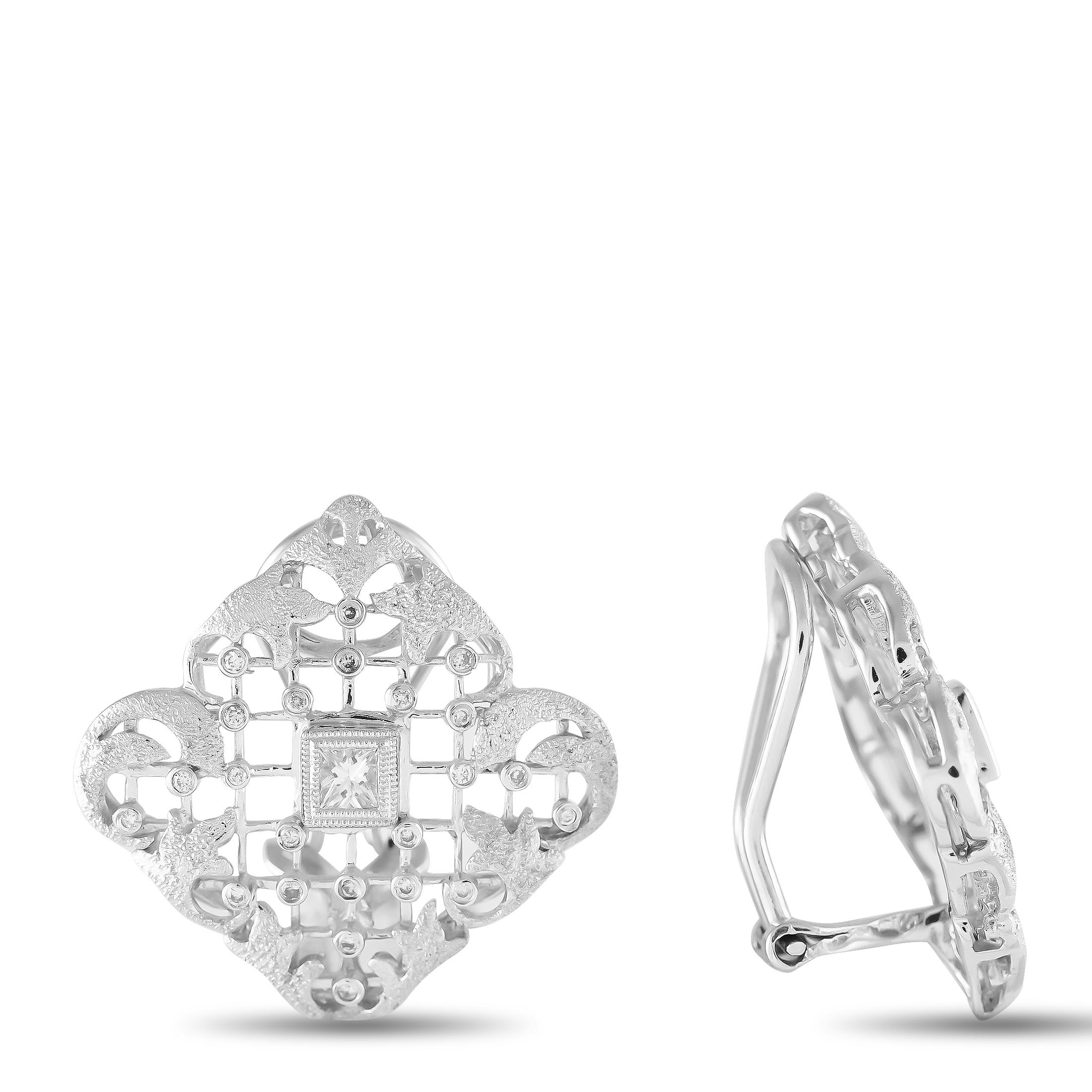 Intricate metalwork and exquisite craftsmanship make these luxury earrings simply unforgettable. Shimmering 18K White Gold elevates the dynamic design, while Diamonds with a total weight of 0.45 carats allows them to effortlessly sparkle and shine.