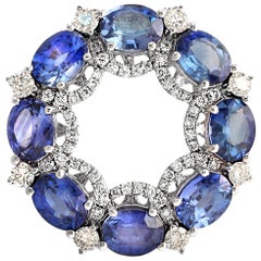 18k White Gold 0.46 Ct Diamonds & 3.98 Ct Blue Sapphire Circle Pendant Charm