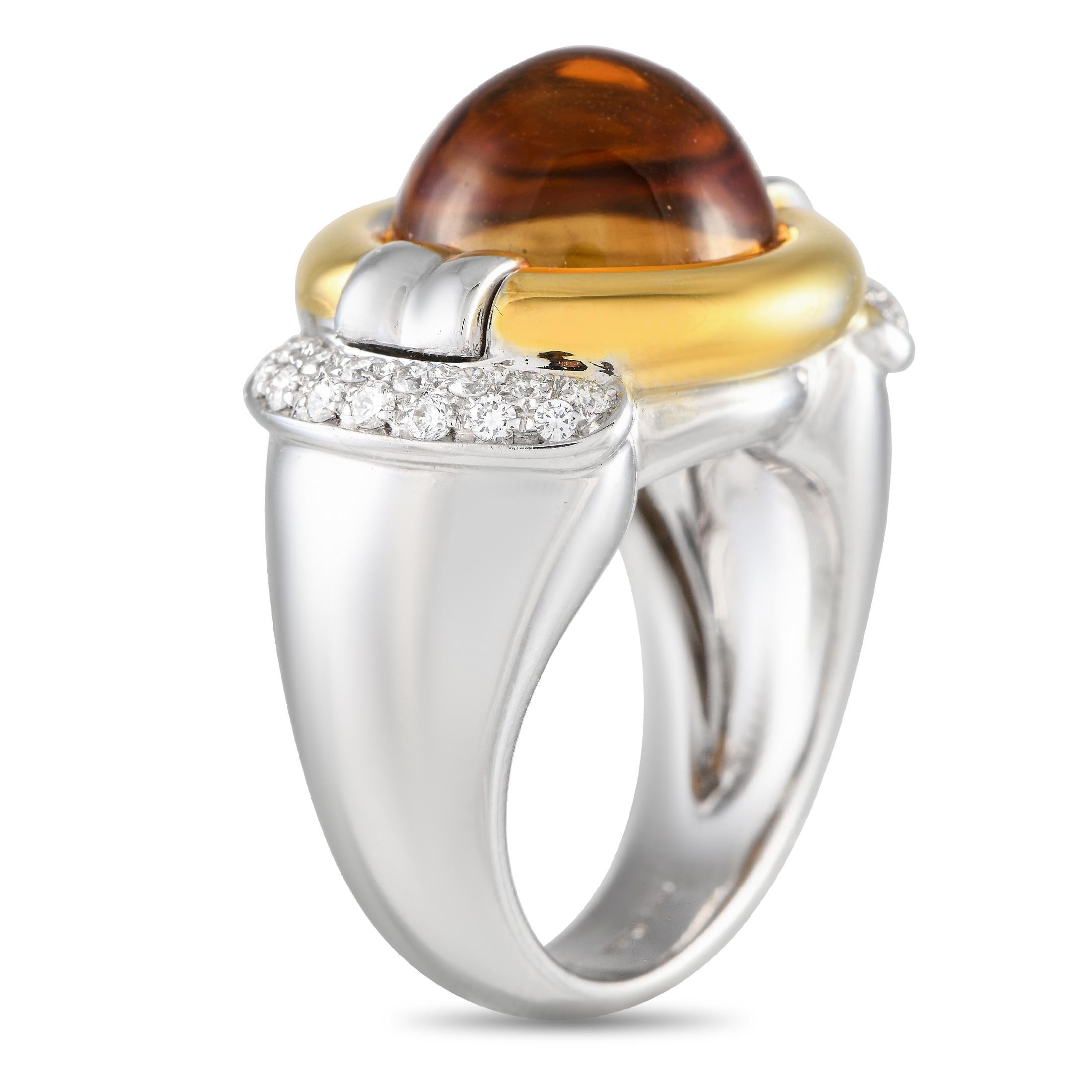 If big and bold is your style, then this statement ring is for you. This LB Exclusive piece features a domed shank that measures 6mm thick, with a top height of 12mm. It has an eye-catching 5.25-carat citrine center stone held by a yellow gold bezel