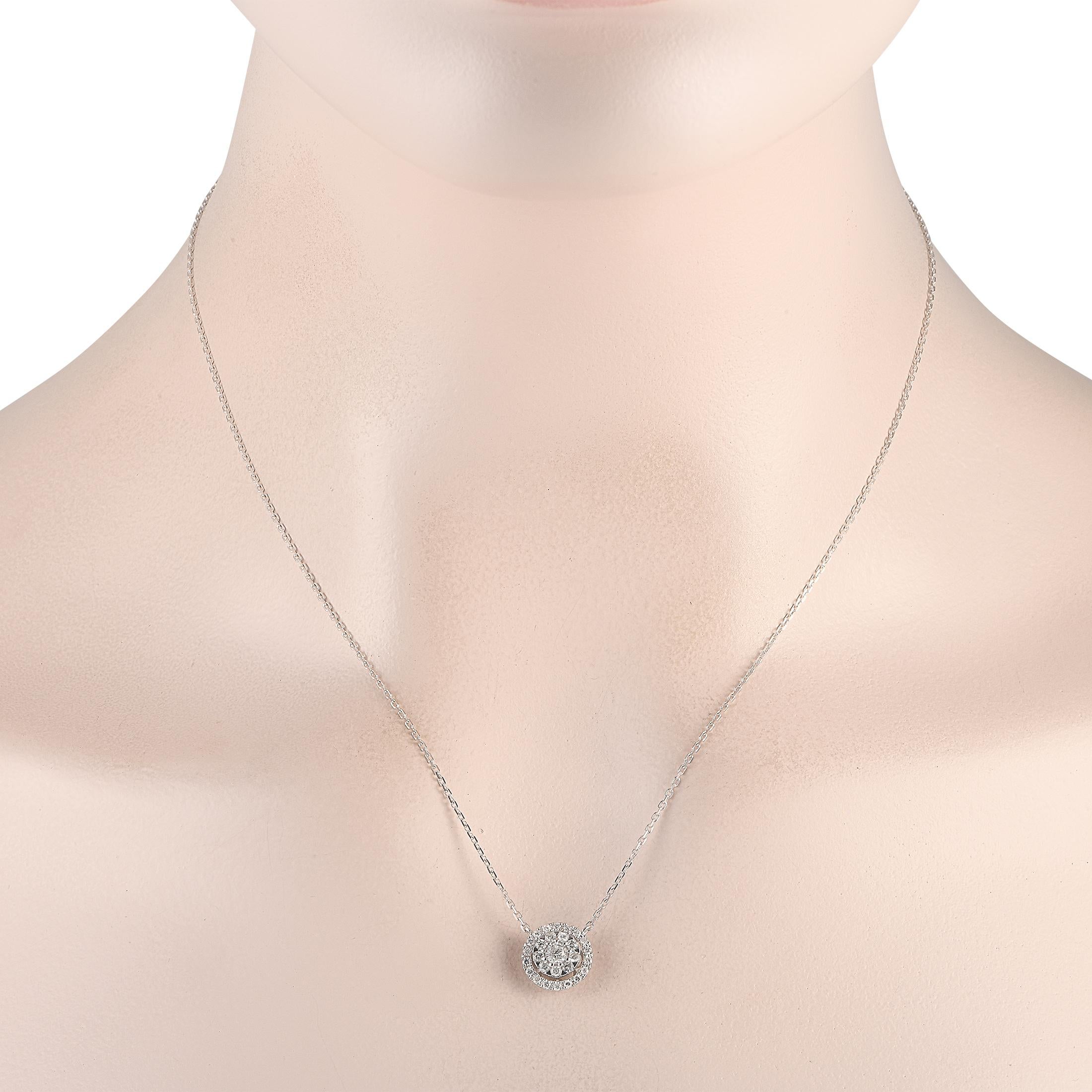 Add the perfect amount of sparkle to any occasion with this timeless 18K White Gold necklace. Suspended from an 18 chain, youll find a circular pendant measuring 0.45 long that comes to life thanks to sparkling Diamonds totaling 0.50 carats.This