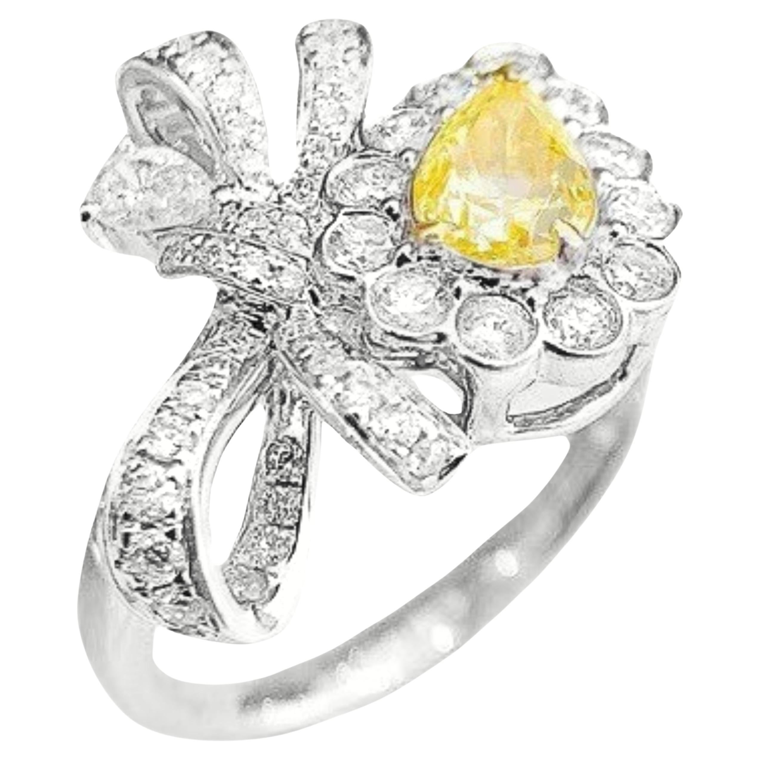 18K White Gold 0.52 CT Yellow Diamond Bow Ring with Diamonds