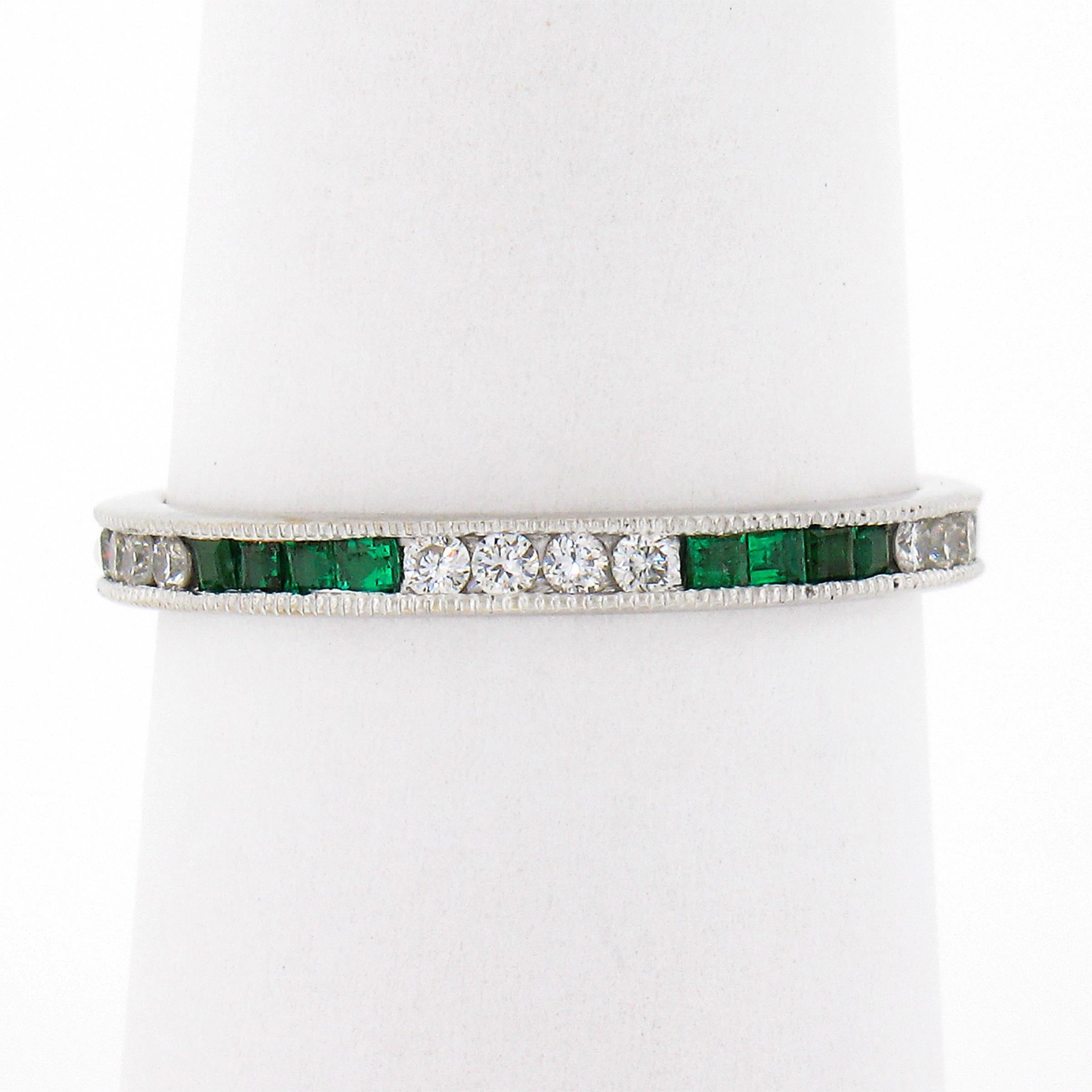 Square Cut 18k White Gold 0.55ct Square Emerald & Round Diamond Milgrain Eternity Band Ring For Sale