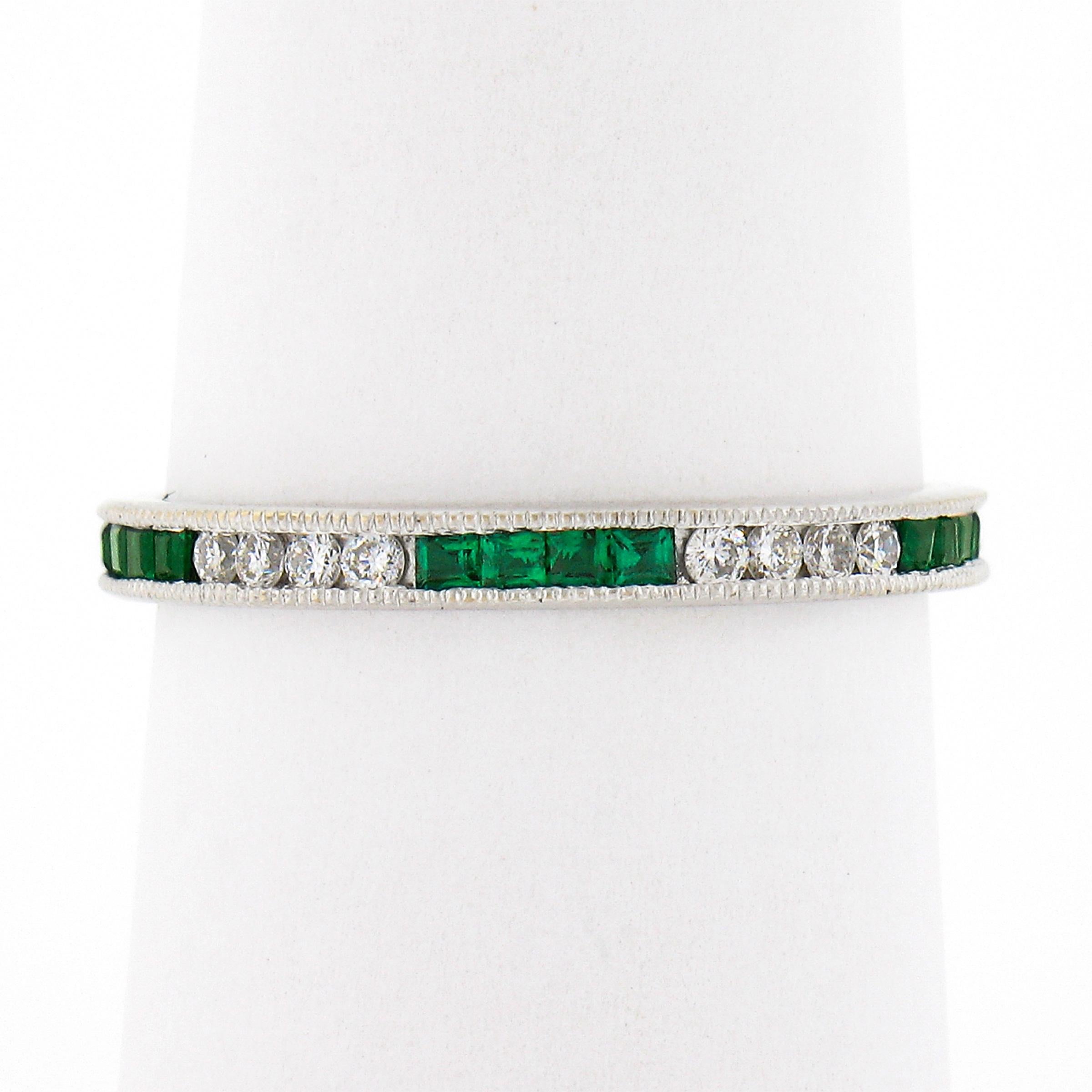 18k White Gold 0.55ct Square Emerald & Round Diamond Milgrain Eternity Band Ring In Excellent Condition For Sale In Montclair, NJ