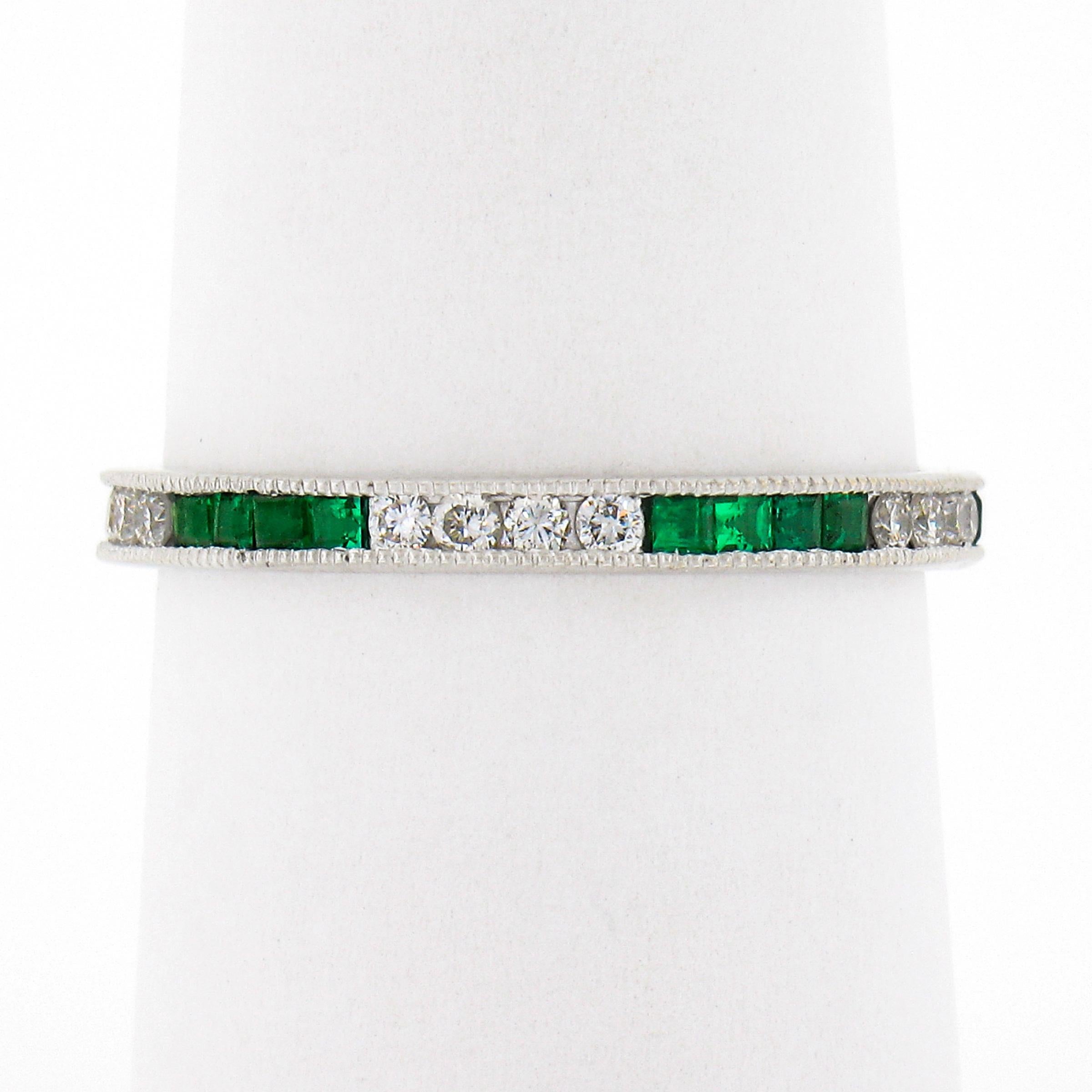 Women's 18k White Gold 0.55ct Square Emerald & Round Diamond Milgrain Eternity Band Ring For Sale