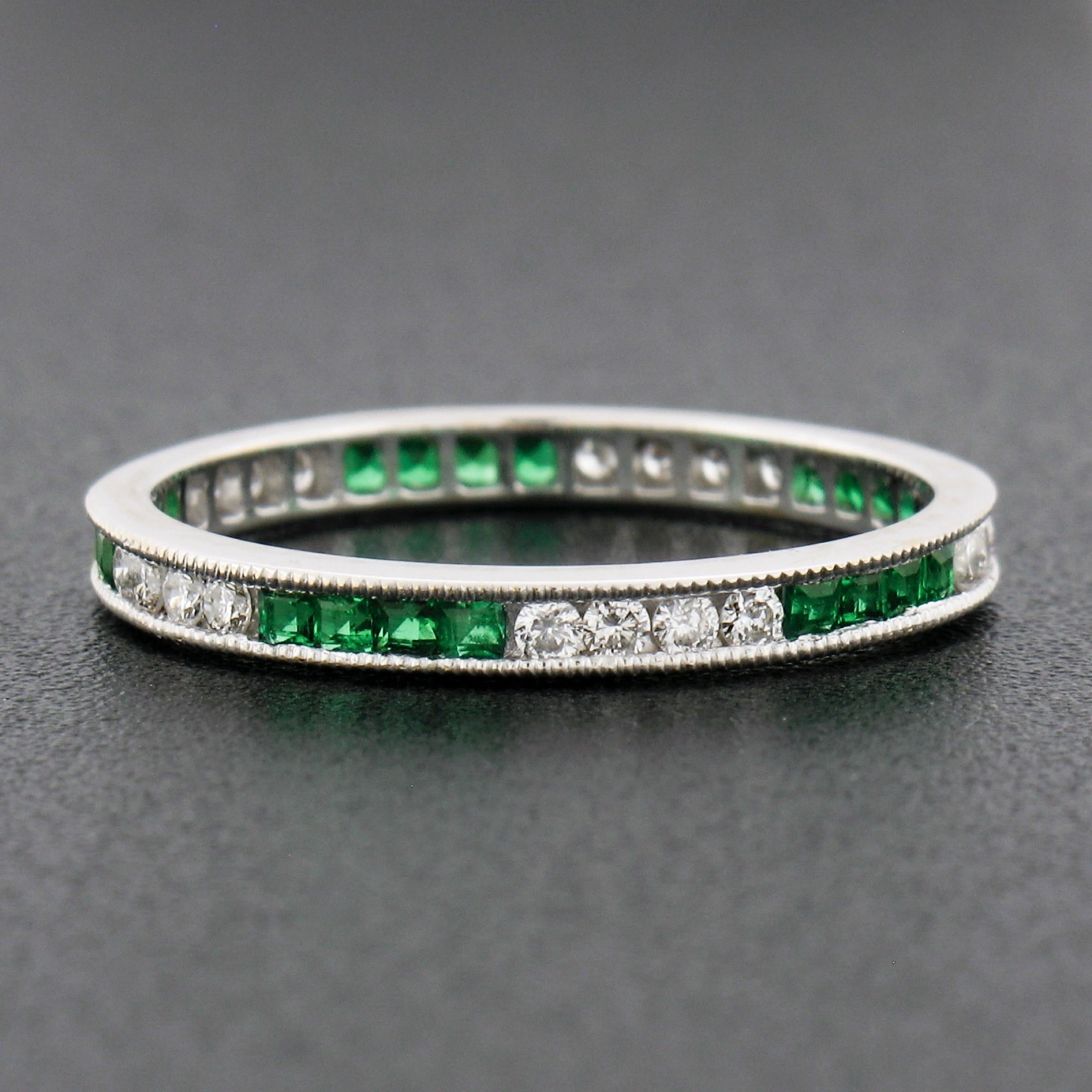 18k White Gold 0.55ct Square Emerald & Round Diamond Milgrain Eternity Band Ring For Sale 1