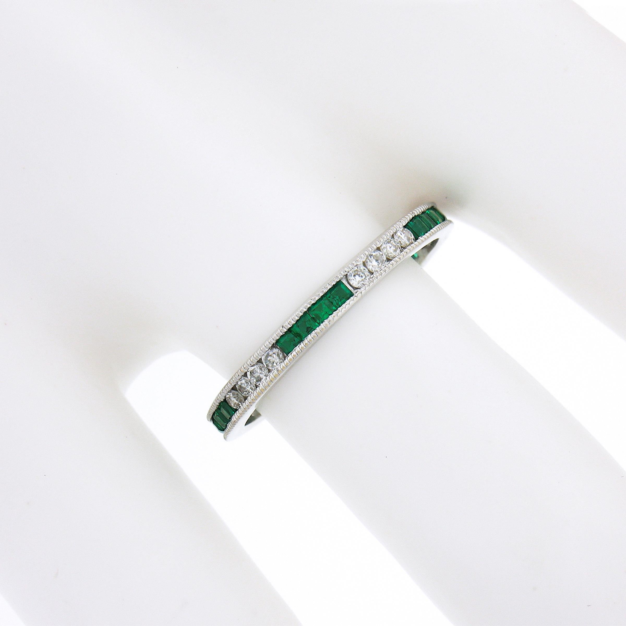 18k White Gold 0.55ct Square Emerald & Round Diamond Milgrain Eternity Band Ring For Sale 2