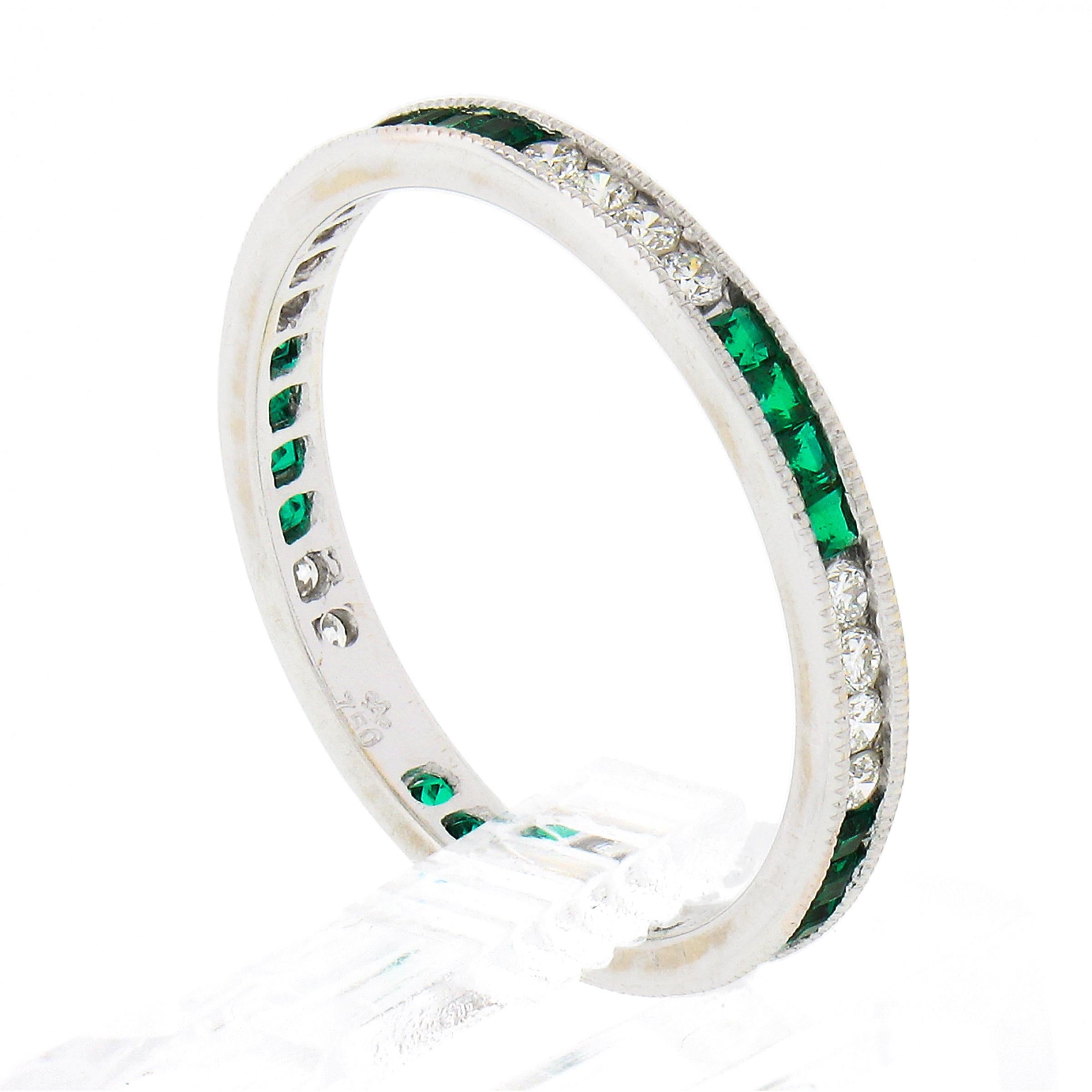 18k White Gold 0.55ct Square Emerald & Round Diamond Milgrain Eternity Band Ring For Sale 4
