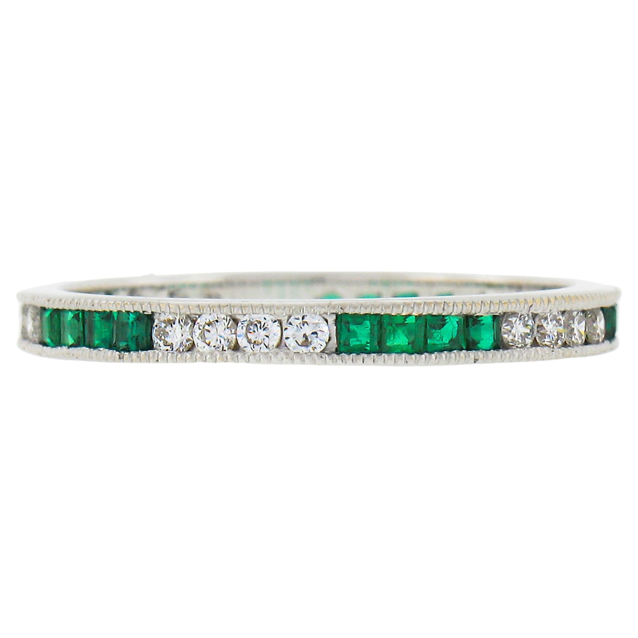 18k White Gold 0.55ct Square Emerald & Round Diamond Milgrain Eternity Band Ring For Sale