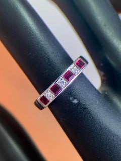 18K White Gold 0.55ct Squared Ruby & 0.03ct Diamond Band Ring, Size 6.5