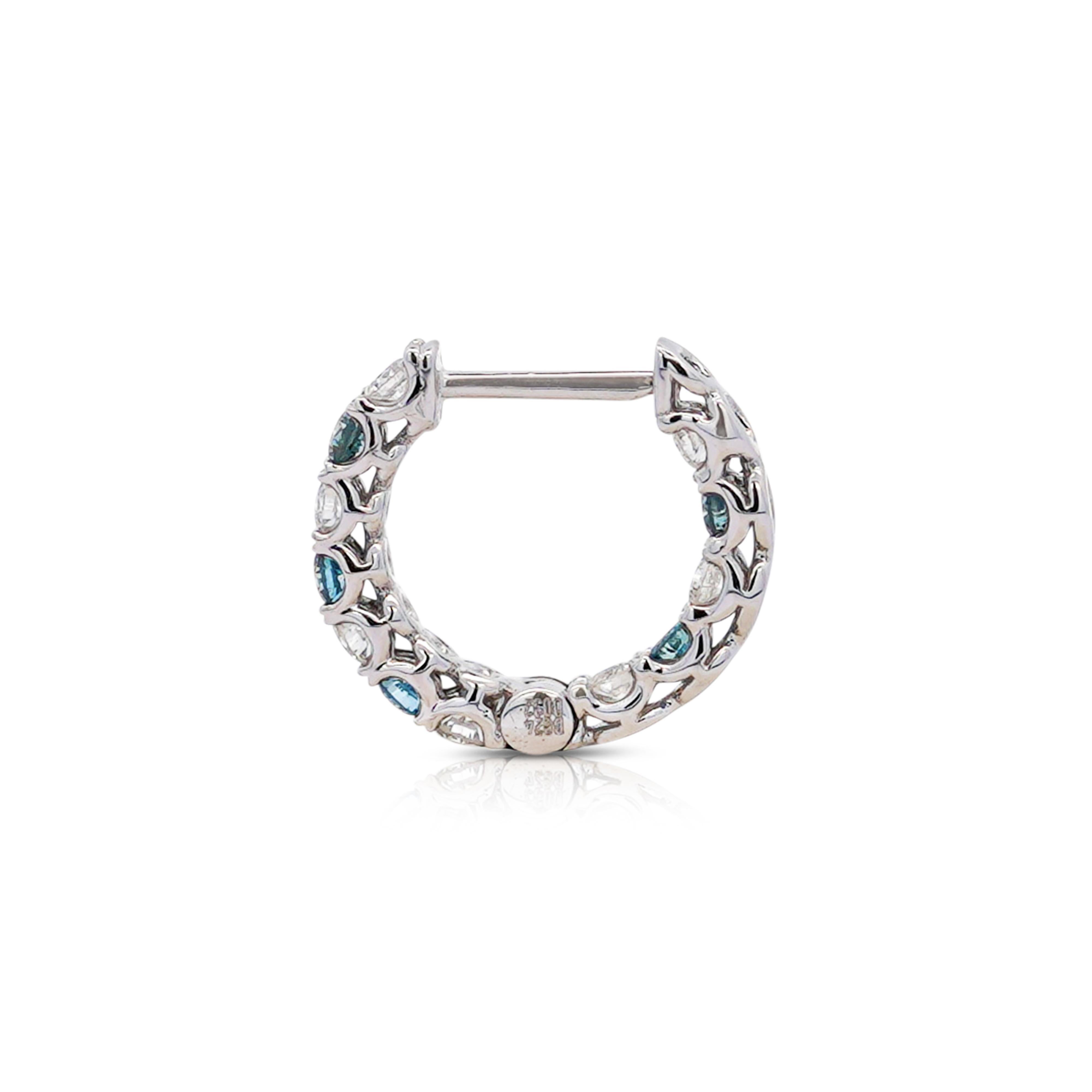Modern 18K White Gold 0.56 CT Blue & White Diamond Inside Out Huggie Hoop Earrings