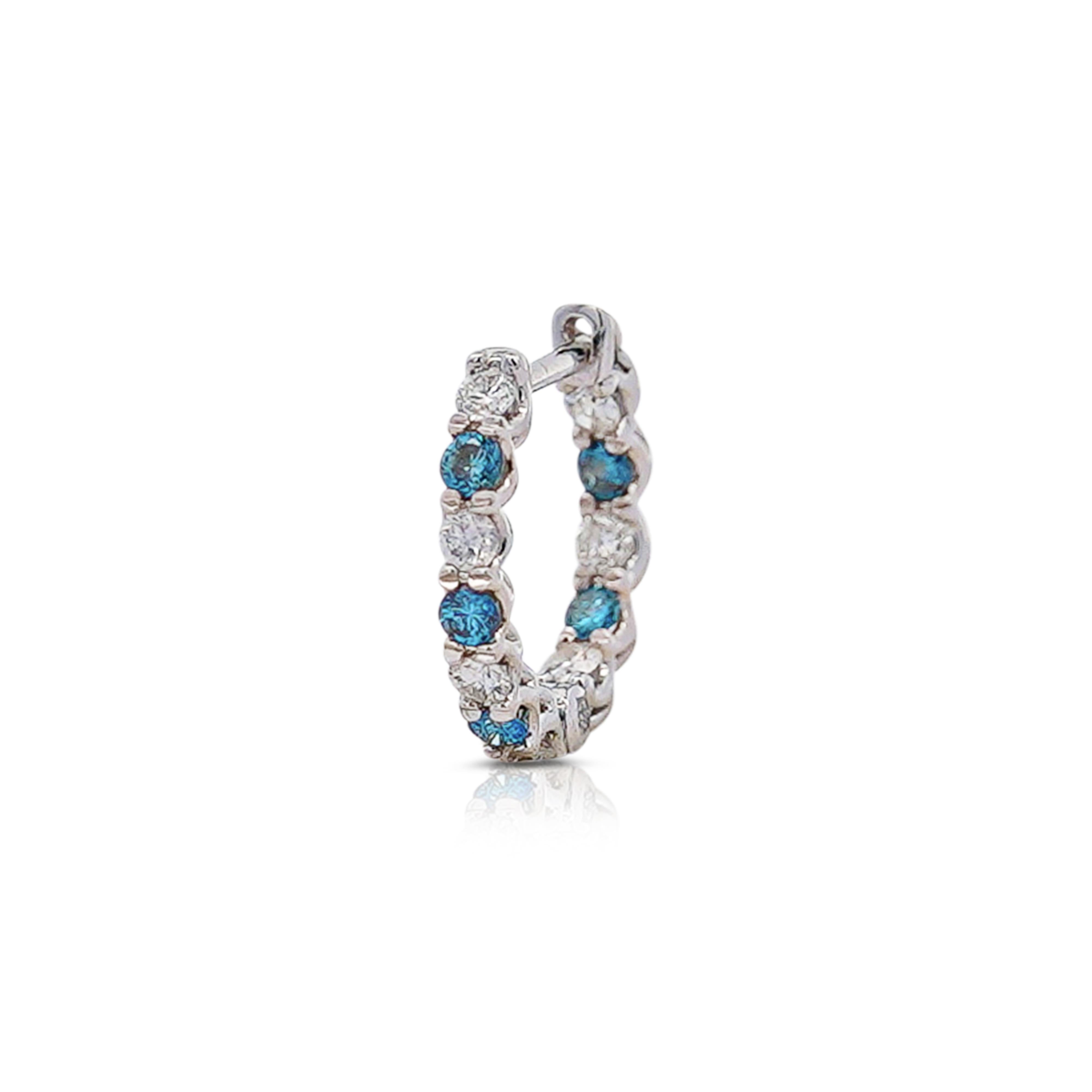 Round Cut 18K White Gold 0.56 CT Blue & White Diamond Inside Out Huggie Hoop Earrings