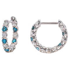 18K White Gold 0.56 CT Blue & White Diamond Inside Out Huggie Hoop Earrings