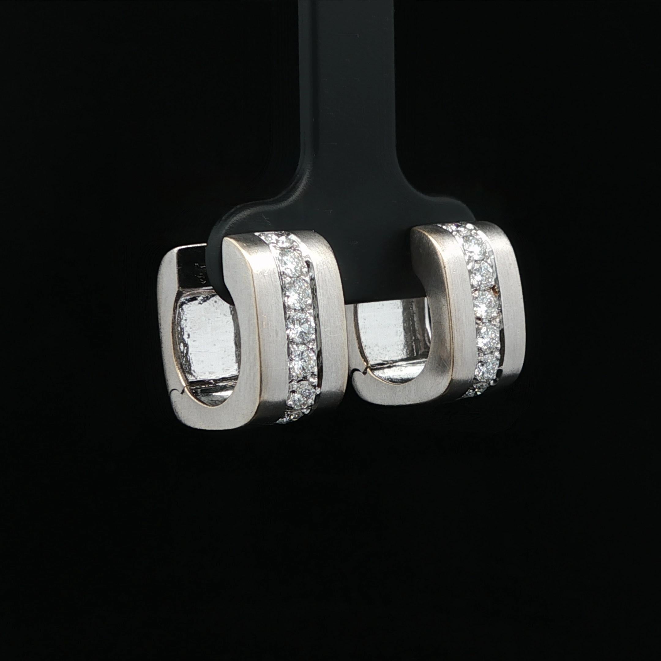 Brilliant Cut 18k White Gold 0.56ctw Diamond Brushed Finish Wide Squared Huggie Hoop Earrings For Sale