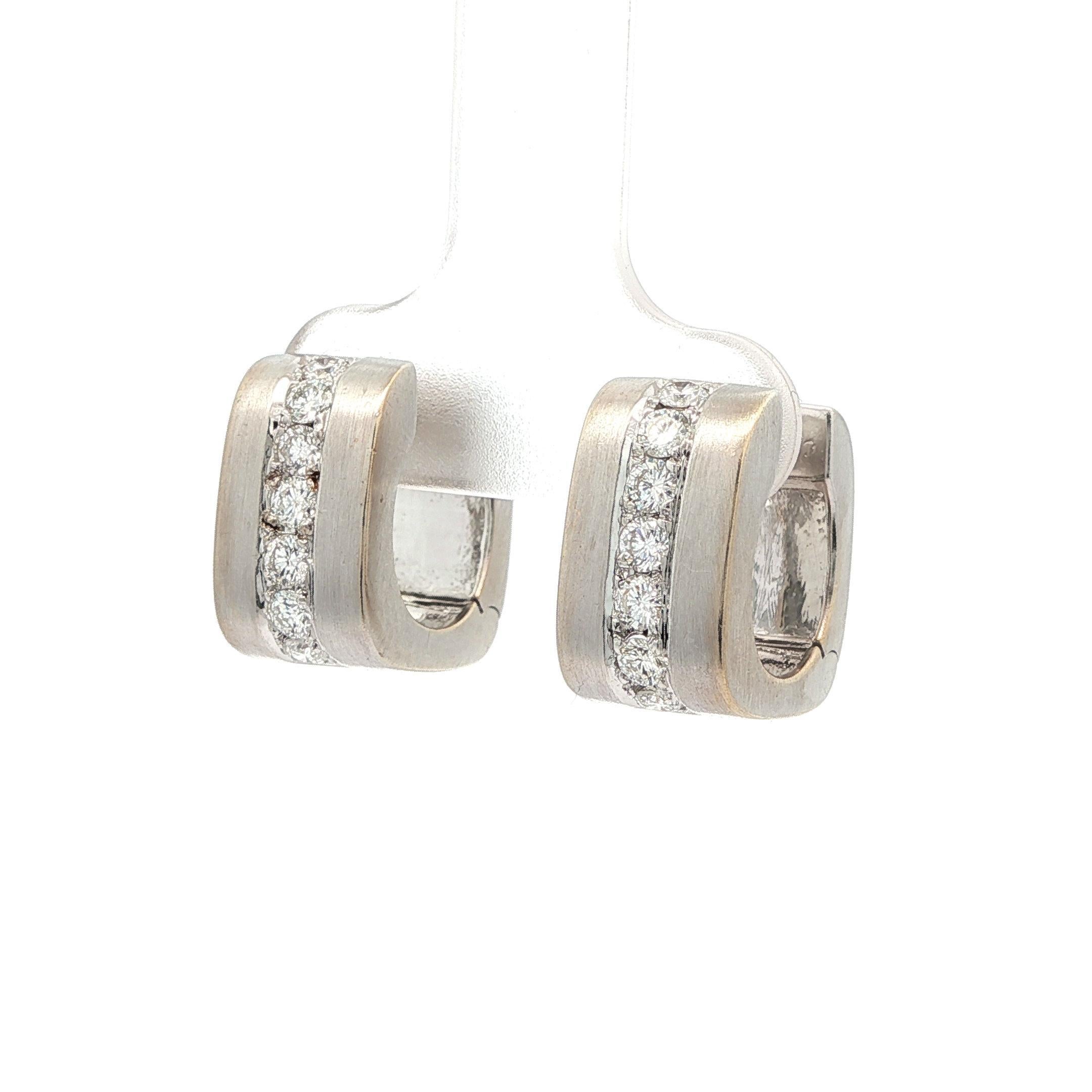 18k White Gold 0.56ctw Diamond Brushed Finish Wide Squared Huggie Hoop Earrings For Sale 3