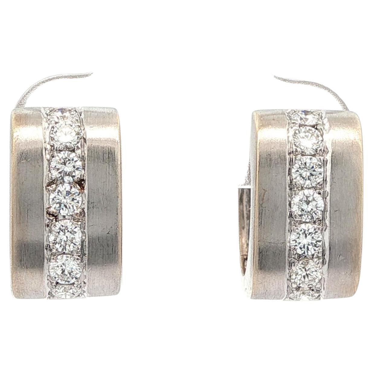 18k White Gold 0.56ctw Diamond Brushed Finish Wide Squared Huggie Hoop Earrings For Sale