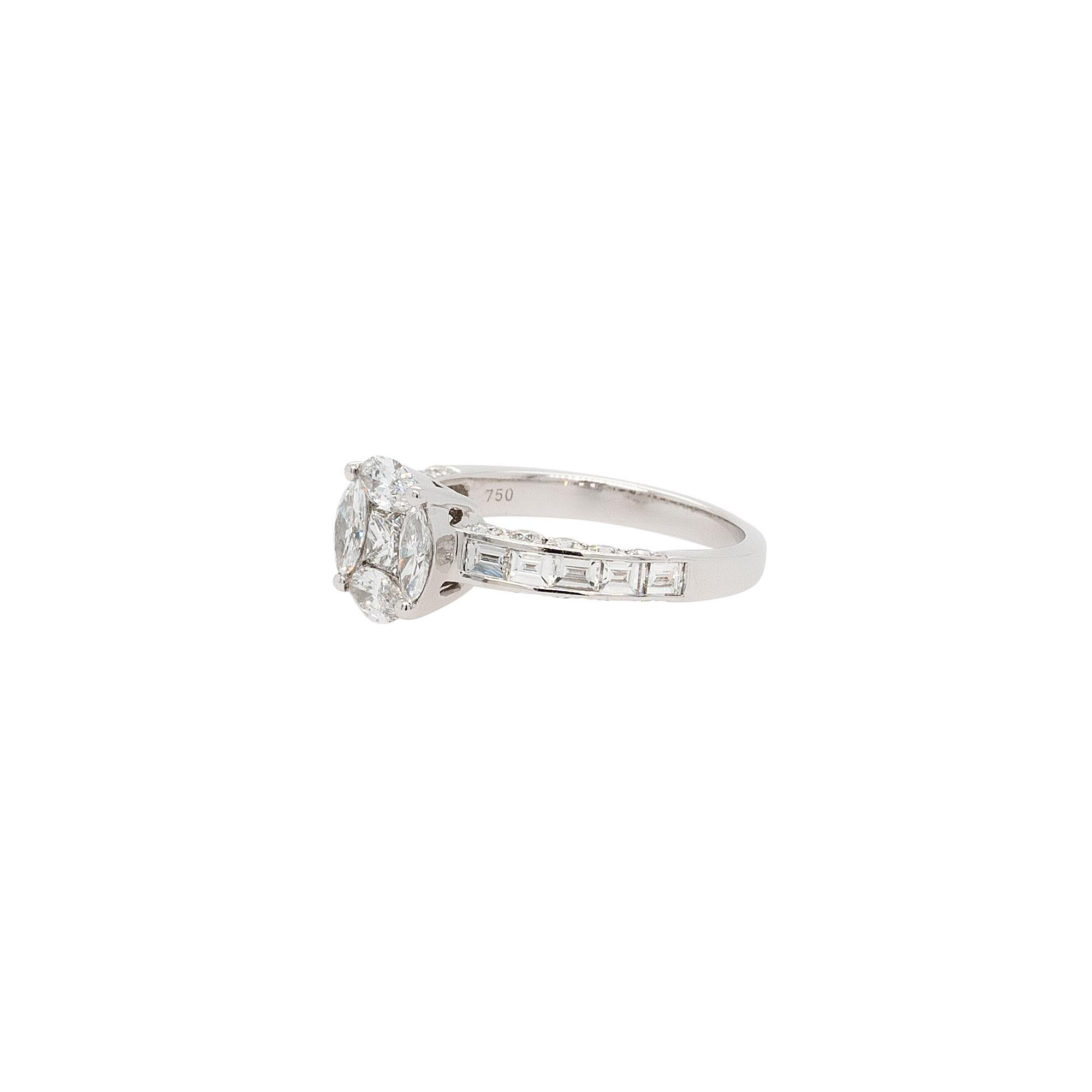 Center Details:
Approx 0.58ct Marquise and Princess Center
G/H Color SI Clarity
Sides Stones Details: 
0.4ctw Baguettes
G/H color SI clarity
Ring Material: 18k White Gold
Ring Size: 6.5 (can be sized)
Total Weight: 3.58g (2.30dwt)
This item comes