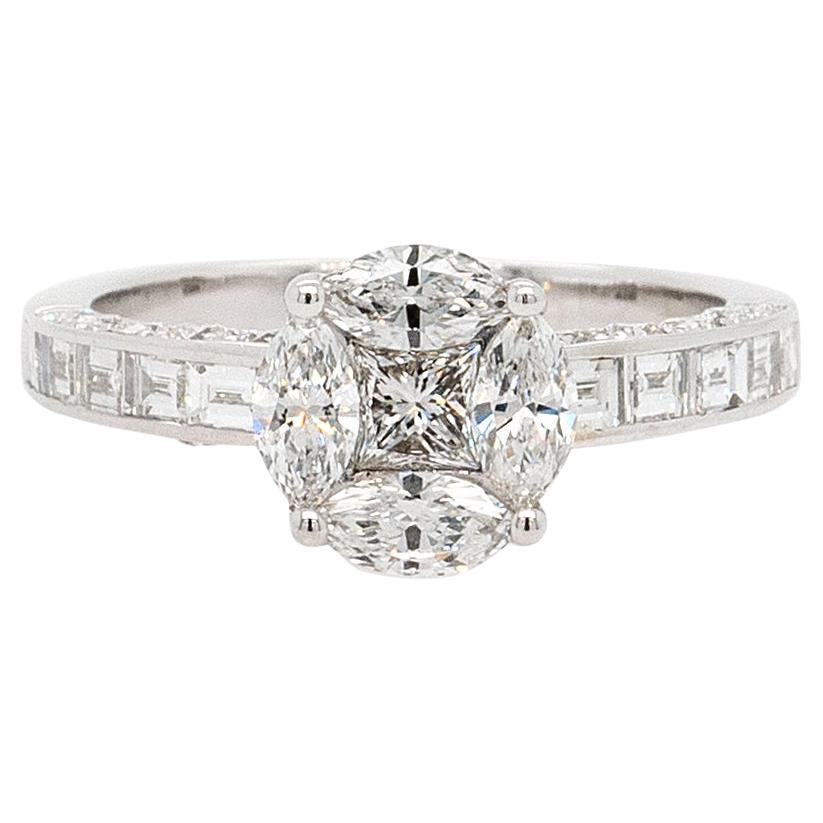 18k White Gold 0.58ct Marquise and Princess Cut Natural Diamond Engagement Ring For Sale