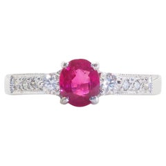 18K White Gold 0.59ct Oval Clean Red Ruby & 0.16ct Diamond Ring