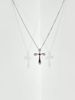 18K White Gold .06 CTW Diamond and .07 CT Ruby Cross Necklace