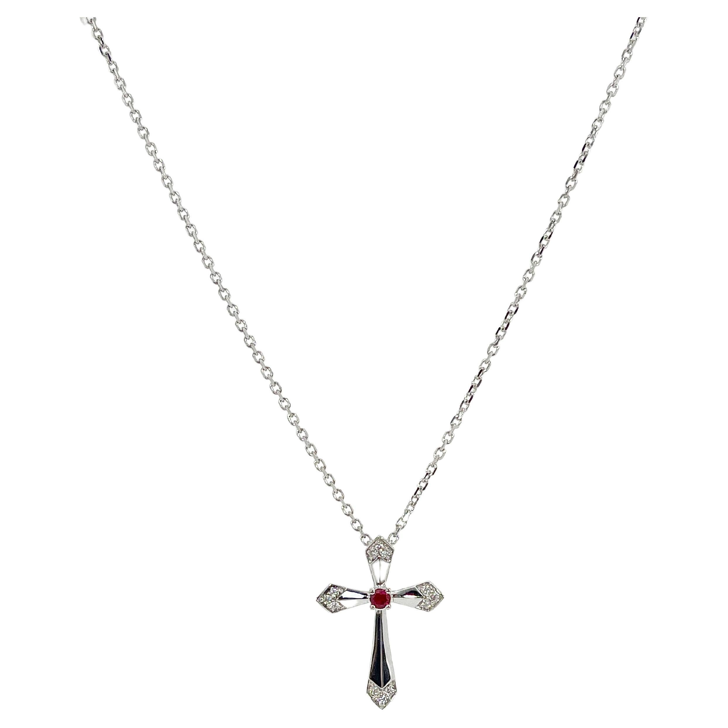 18K White Gold .06 CTW Diamond and .07 CT Ruby Cross Necklace For Sale