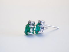 18K White Gold 0.60ct Oval Emerald & 0.02ct Diamond Fine Petite Stud Earring