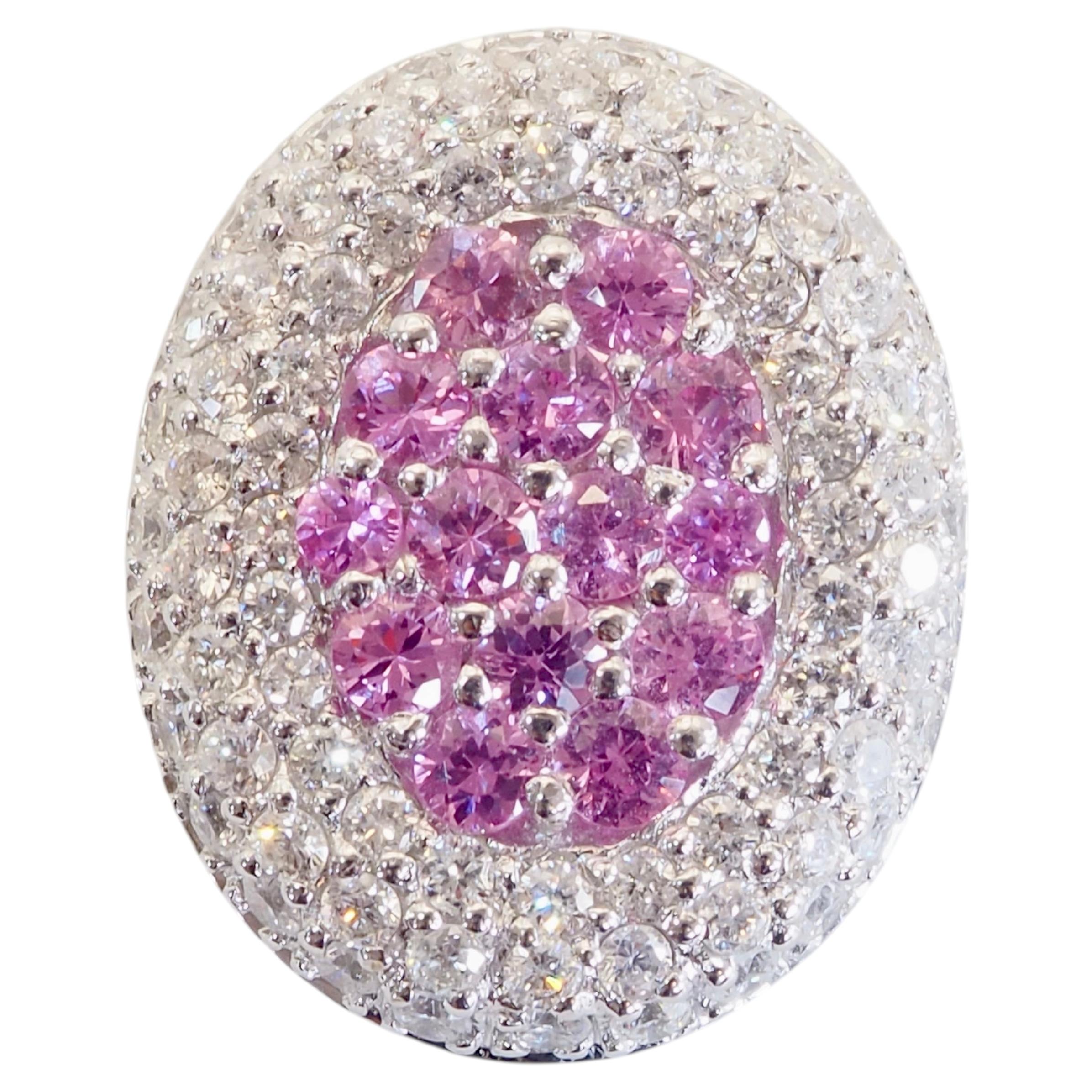 18K White Gold 0.60ct Round Pink Sapphire & 1.10ct Diamond Cluster Halo Pendant