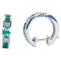 18K White Gold 0.60ct Square- Cut Emerald & 0.04ct Diamond Fine Hoop Earrings