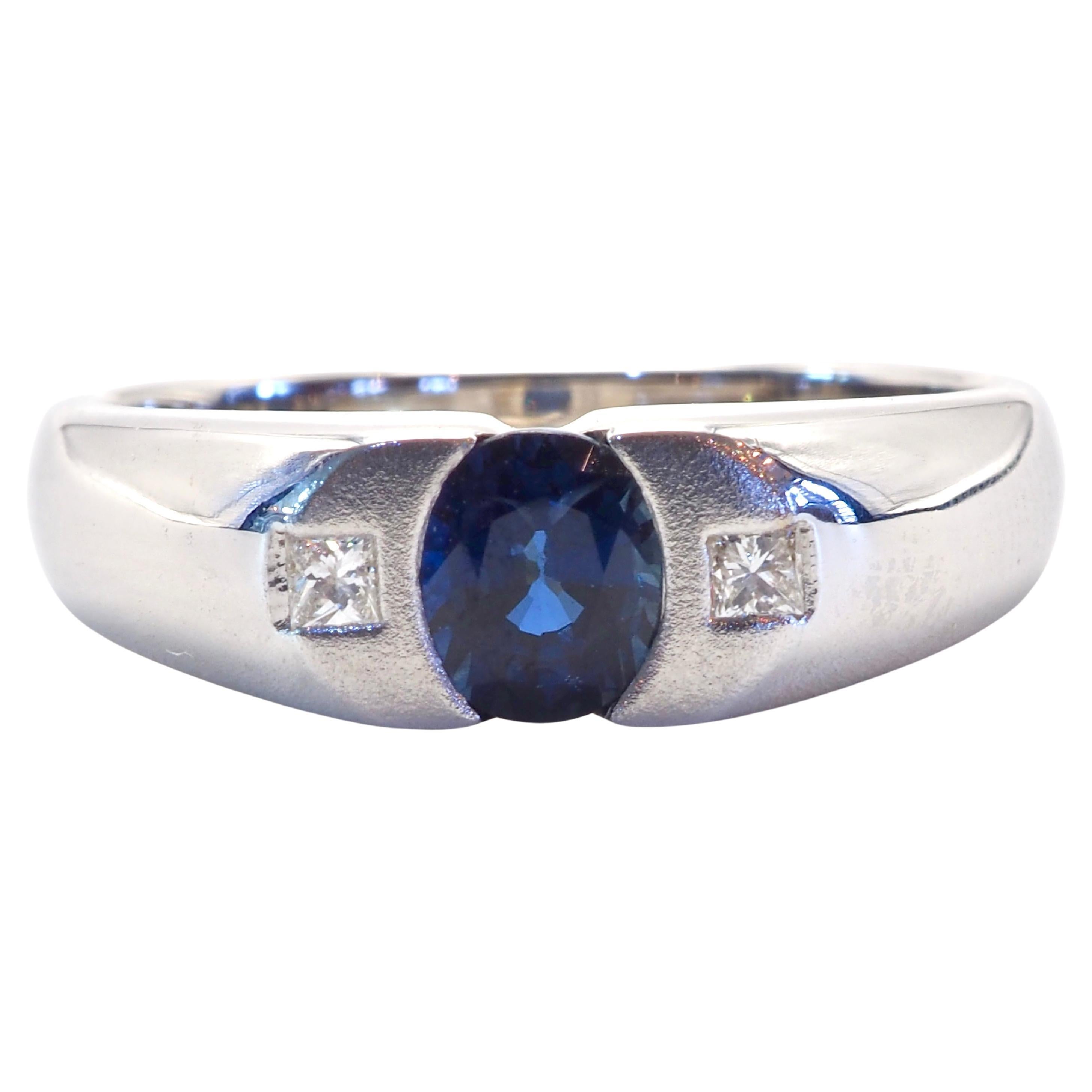 18K White Gold 0.61ct Blue Sapphire & 0.05ct Diamond Half Bezeled Band Ring