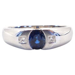 18K White Gold 0.61ct Blue Sapphire & 0.05ct Diamond Half Bezeled Band Ring
