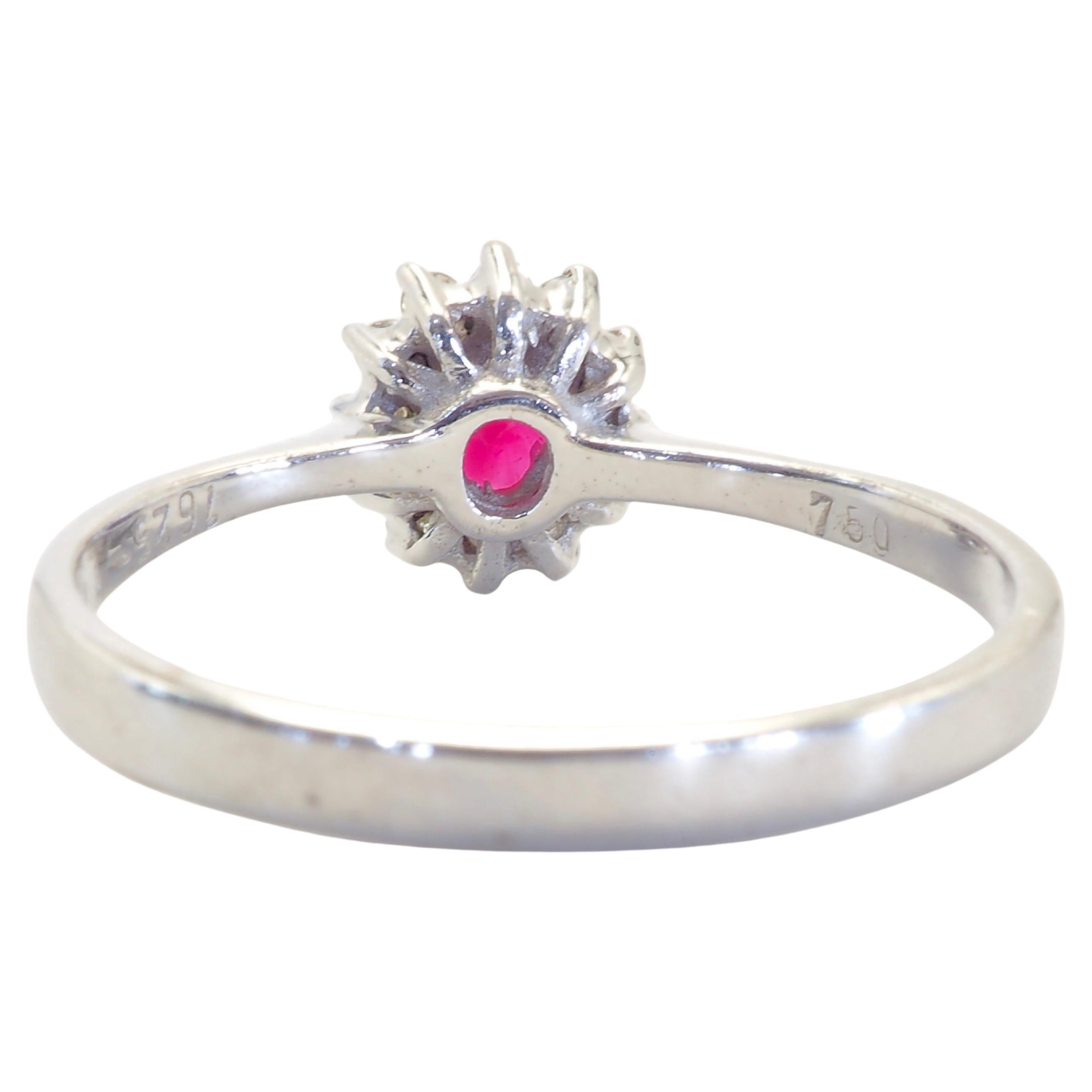 Oval Cut 18K White Gold 0.62ct Oval Deep Red Ruby & 0.20ct Diamond Halo Ring For Sale