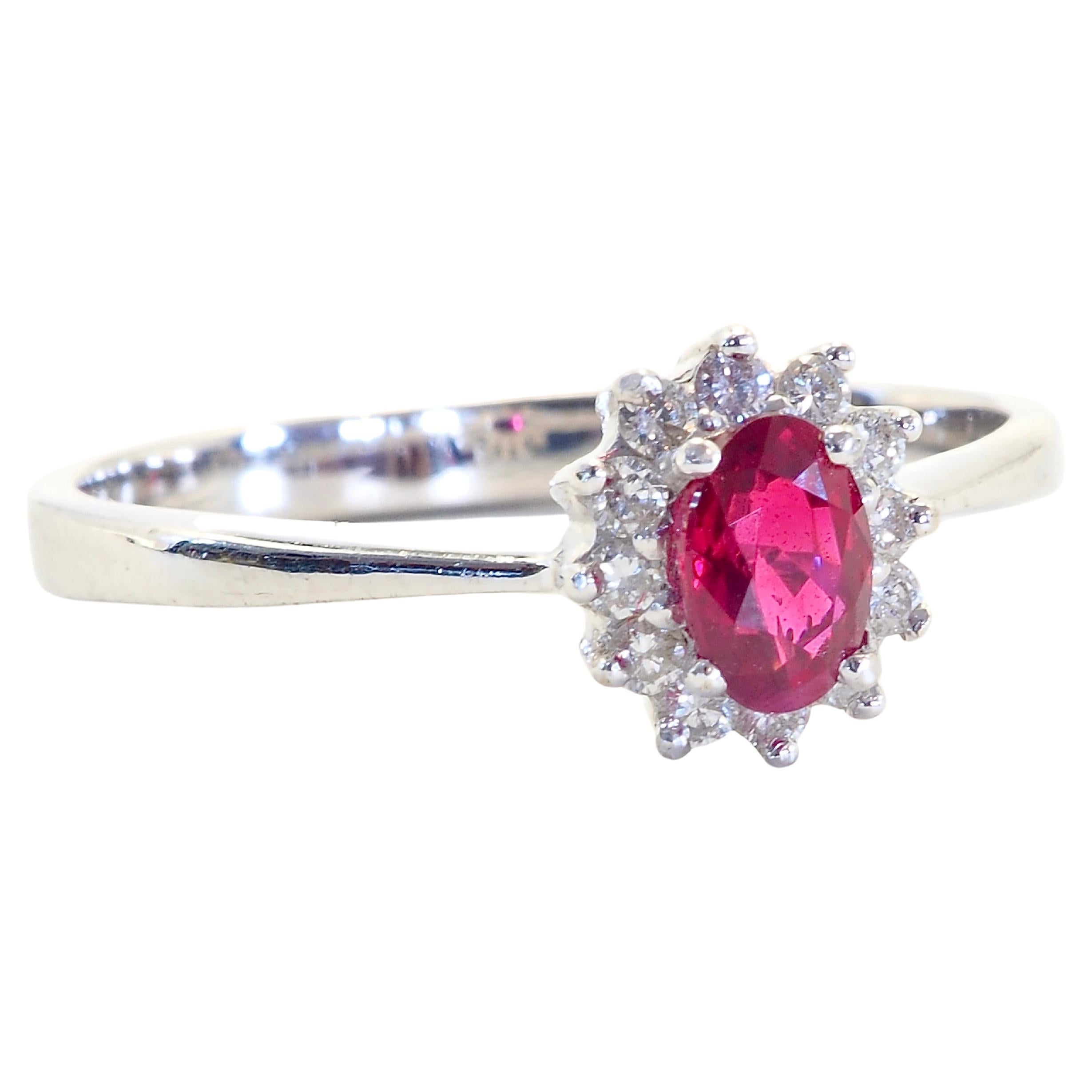 18K White Gold 0.62ct Oval Deep Red Ruby & 0.20ct Diamond Halo Ring In New Condition For Sale In เกาะสมุย, TH