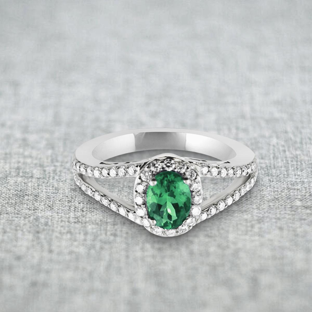 Oval Cut 18K White Gold 0.64cts Emerald and Diamond Ring, Style# R2192 For Sale