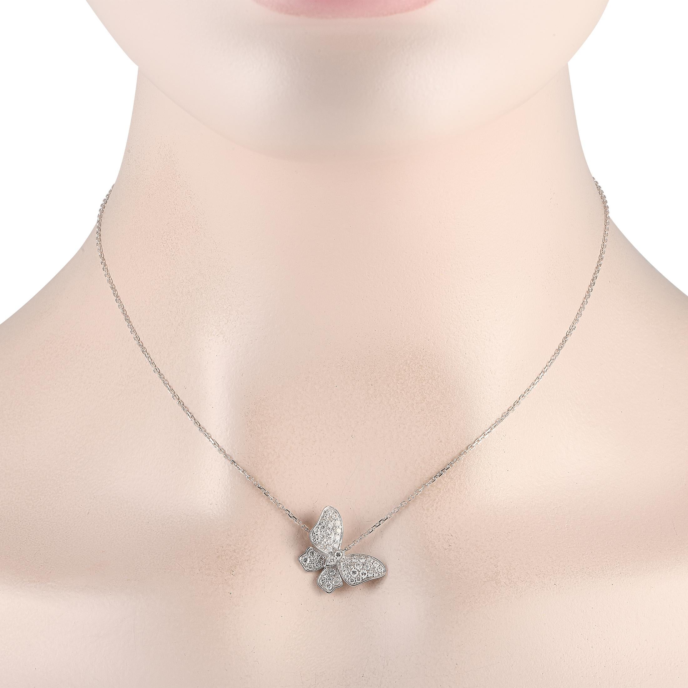 This necklace possesses an undeniable charm. Crafted entirely from 18K White Gold, it features a butterfly pendant measuring 0.75 long suspended from a 15.5 chain. Sparkling Diamonds with a total weight of 0.65 carats provide the perfect finishing