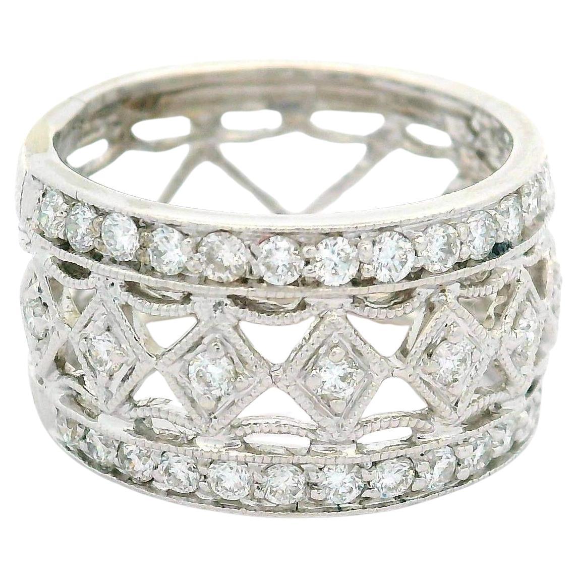 18k White Gold 0.65ctw Diamond Wide Open Work w/ Miligrain Etching Band Ring
