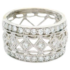 18k White Gold 0.65ctw Diamond Wide Open Work w/ Miligrain Etching Band Ring