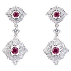 18k White Gold 0.66ct Round Rubies & 1.13ct Brilliant Diamonds Dangle Earrings