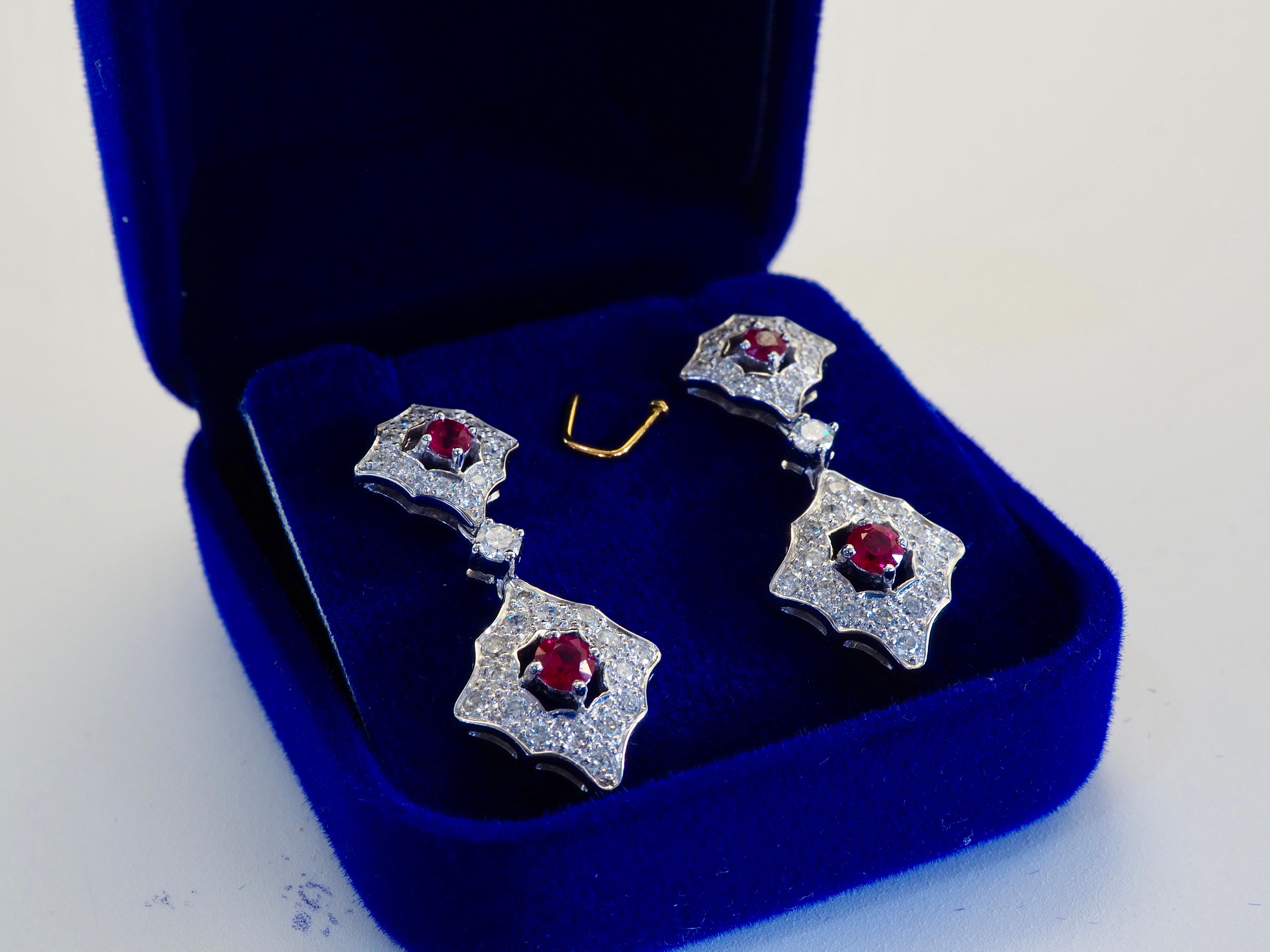 18K White Gold 0.66ctw Round Ruby & 1.13ct Diamond Dangle Stud Earring For Sale 5
